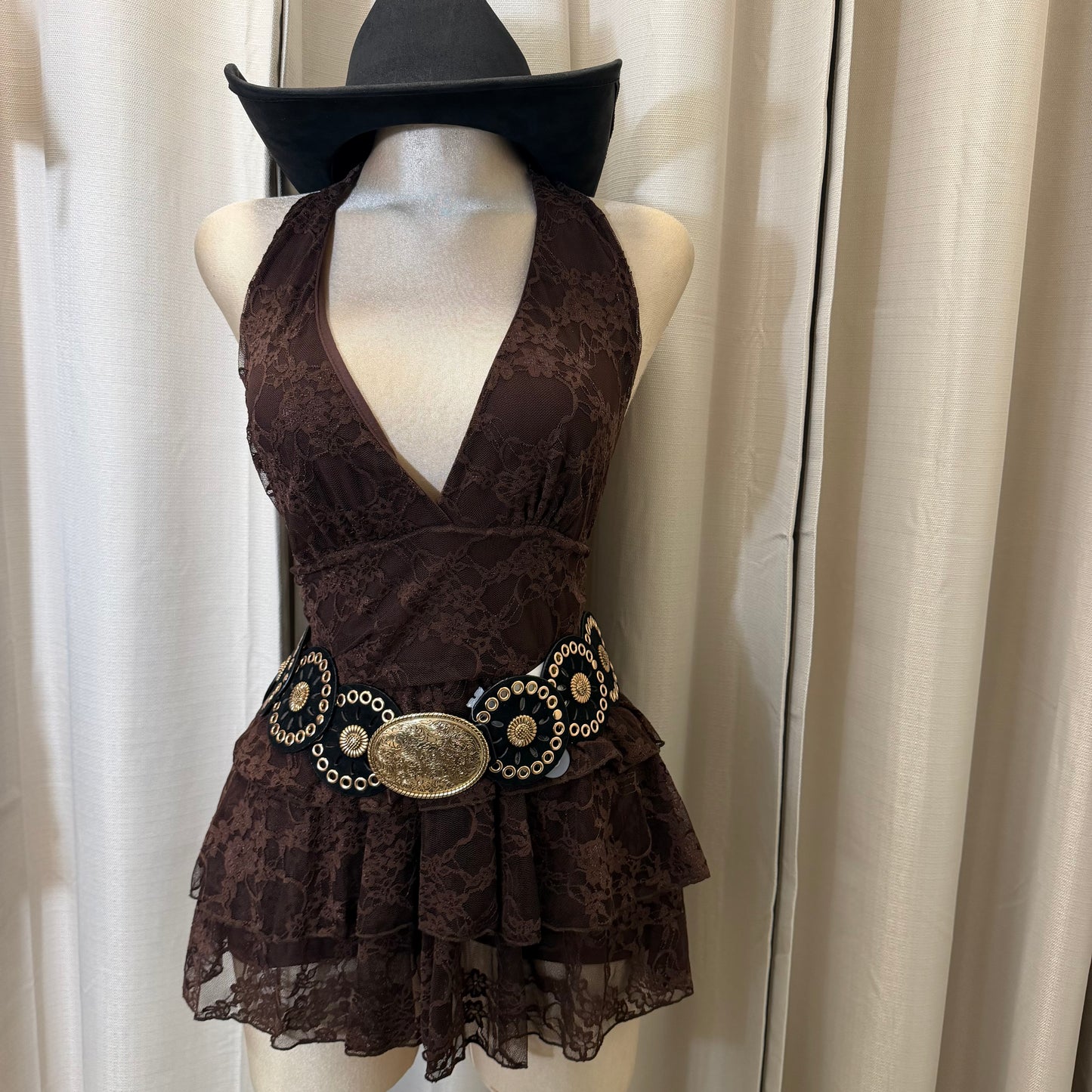 Halter lace romper with shorts-Brown