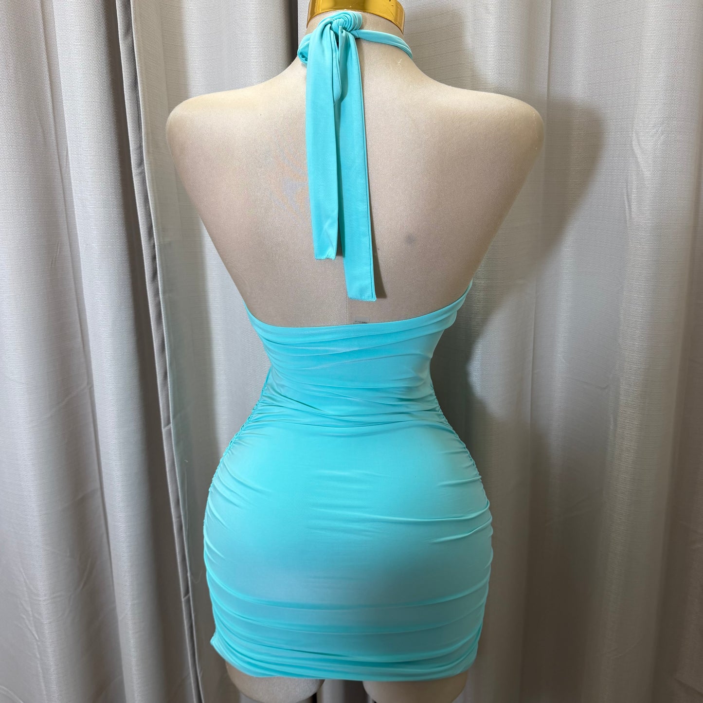 Sleeveless Halter Ruched detail with Gold -Aqua