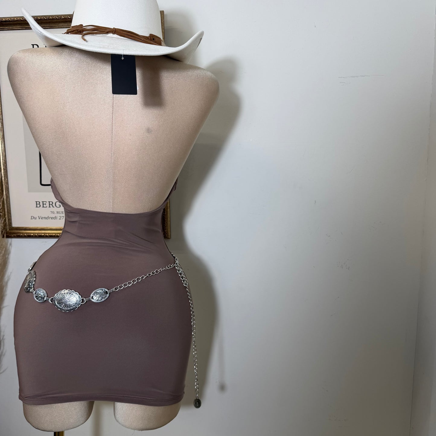 Sleeveless Halter Cowl Neckline Mini Dress-Mocha