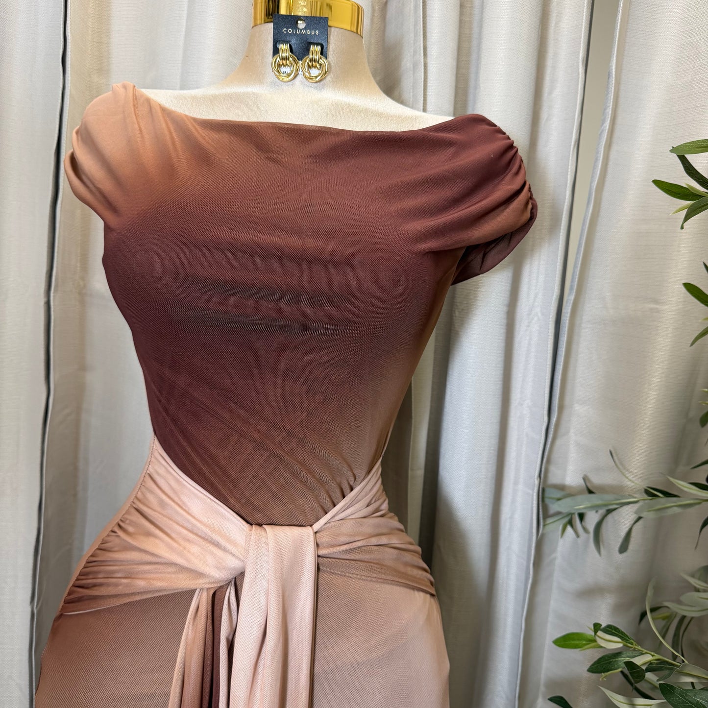 Off shoulder Mesh Ombré Maxi Dress-Brown
