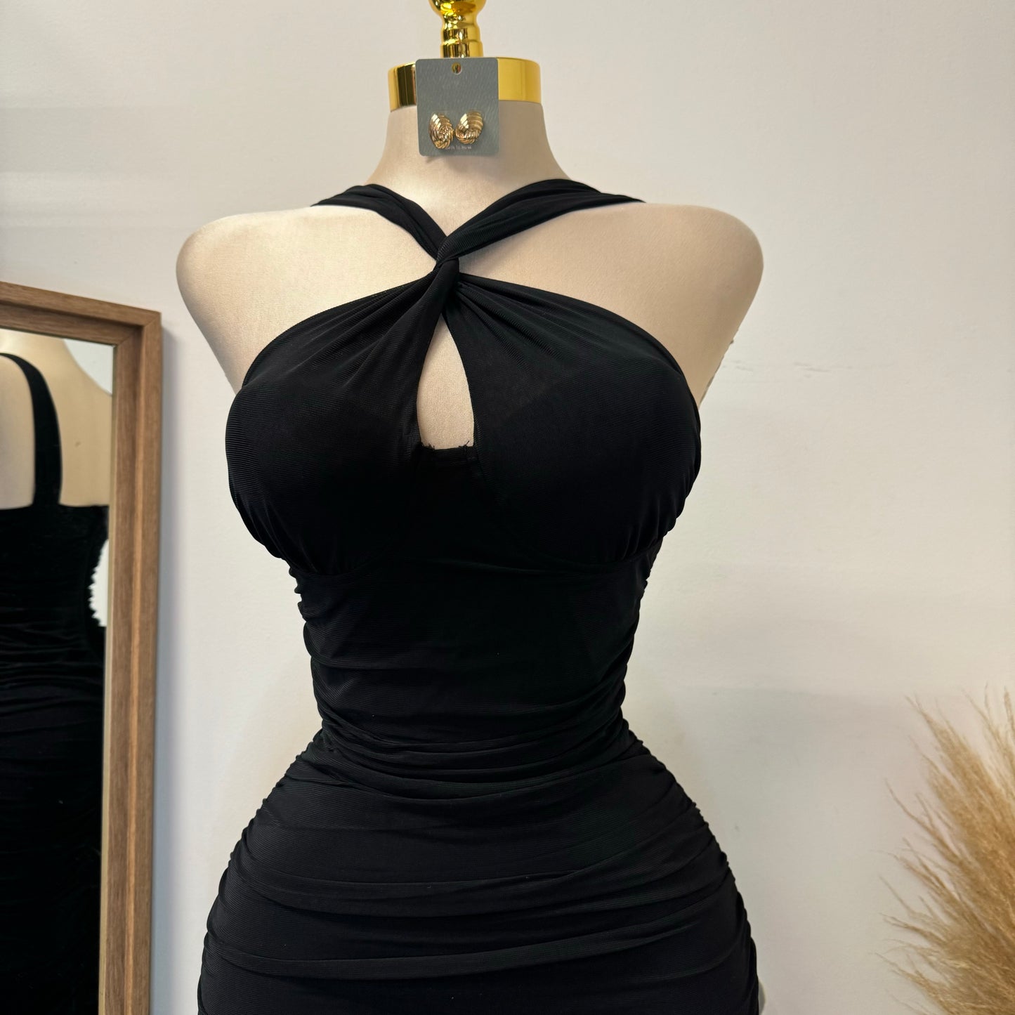 Inara Mesh Twist Halter Neck Midi Dress-Black1