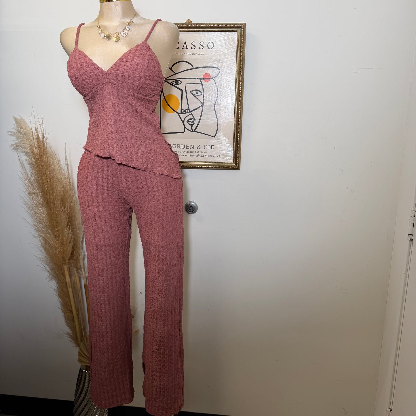 Merrow Asymmetric Hem Top and Pant Set-Marsala