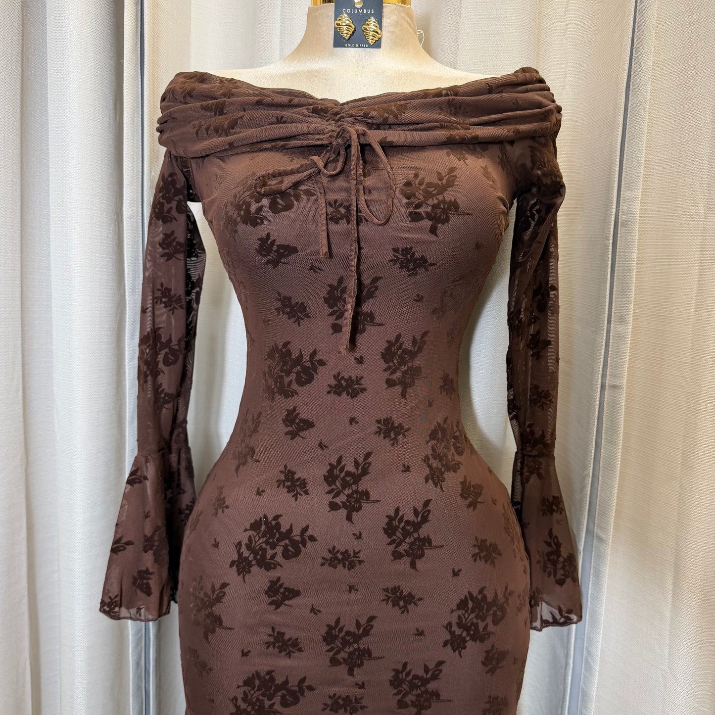 Flocked Long Sleeve Mesh off shoulder maxi Dress-Brown