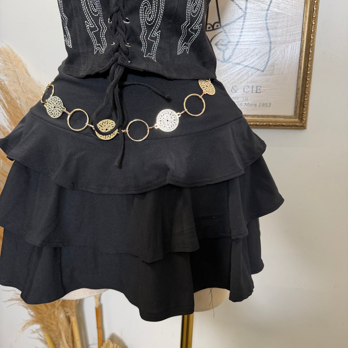 Metal Trim Ruffle Mini Skort-Black