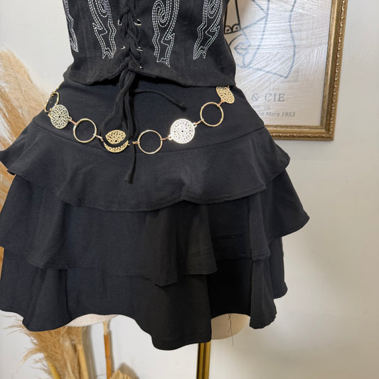 Metal Trim Ruffle Mini Skort-Black