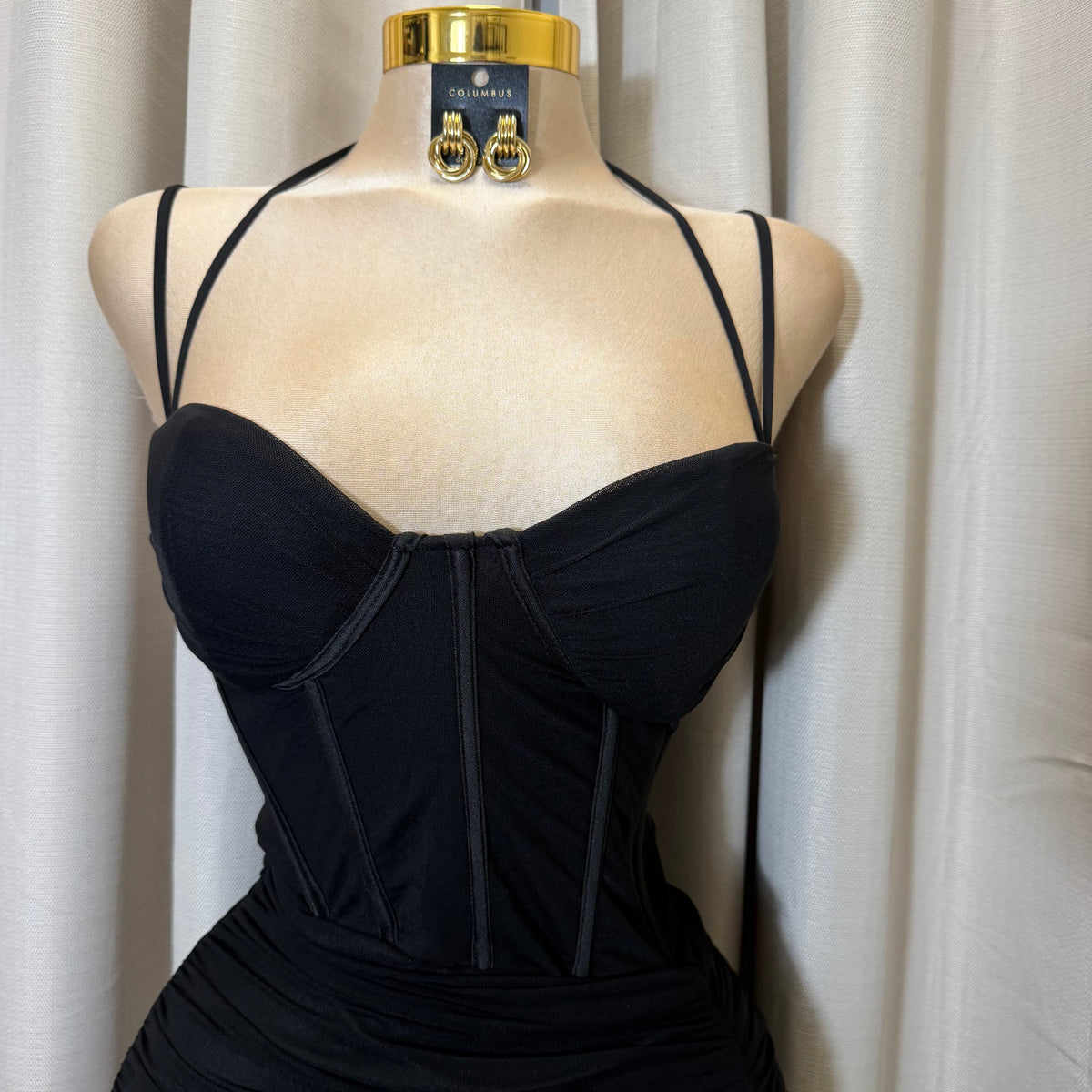 Corset Double Strap Ruched Slit Maxi Dress-Black