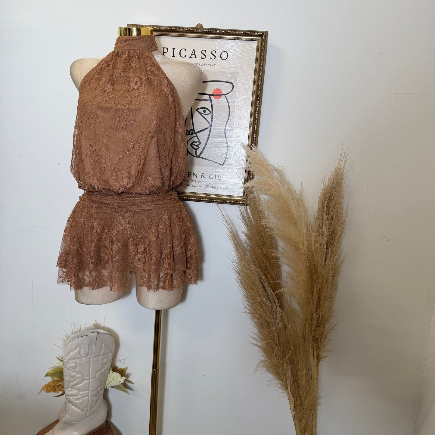 Halter lace Mini Dress-Caramel