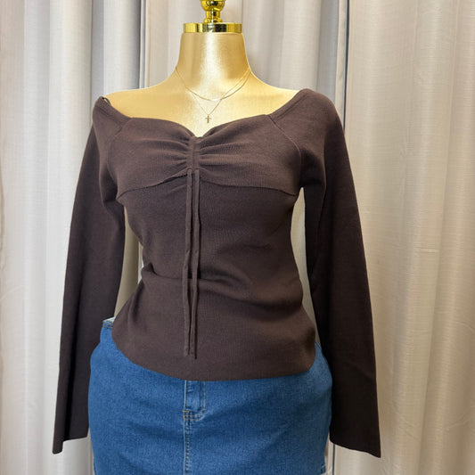 PL-Off Shoulder Sweater Top-Brown