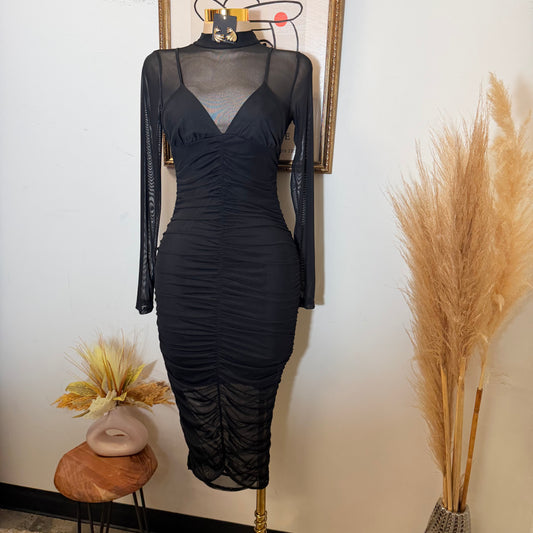 Mesh Side Shirring Midi Dress-Black