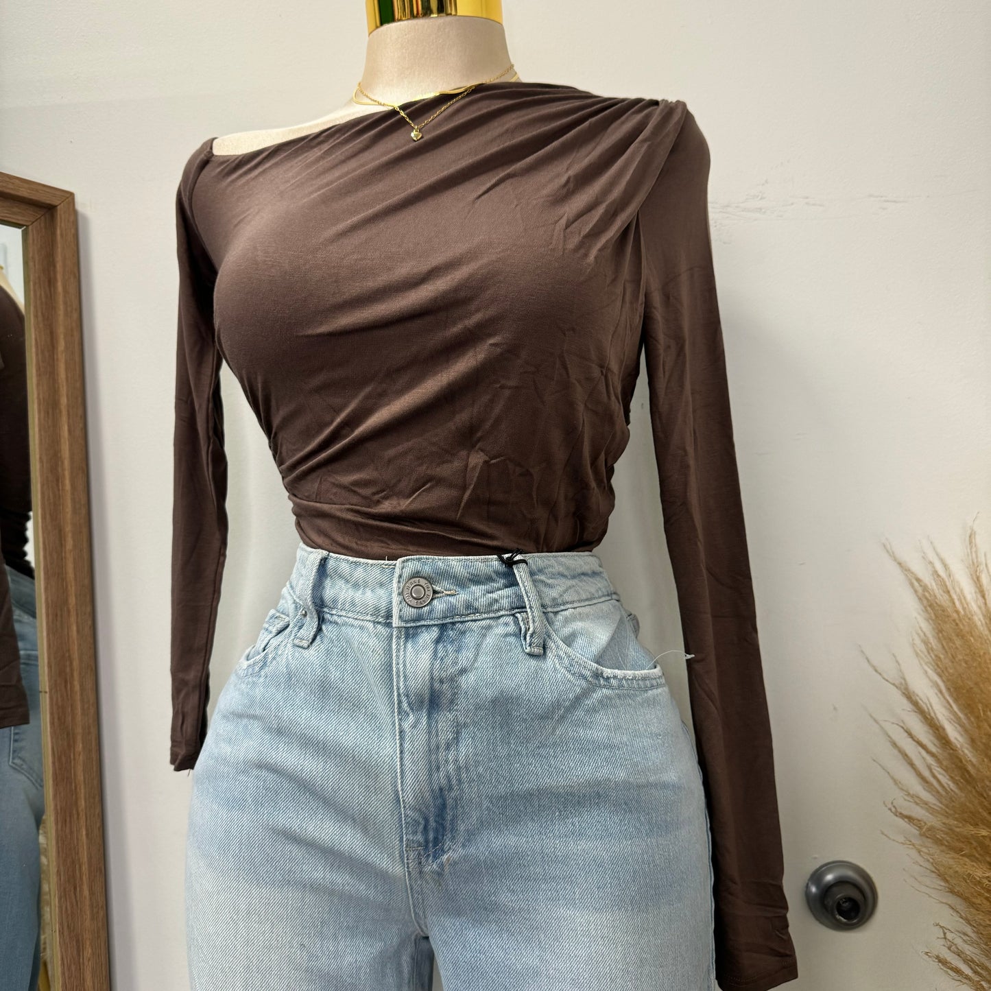 One Shoulder Long Sleeve Top-Brown
