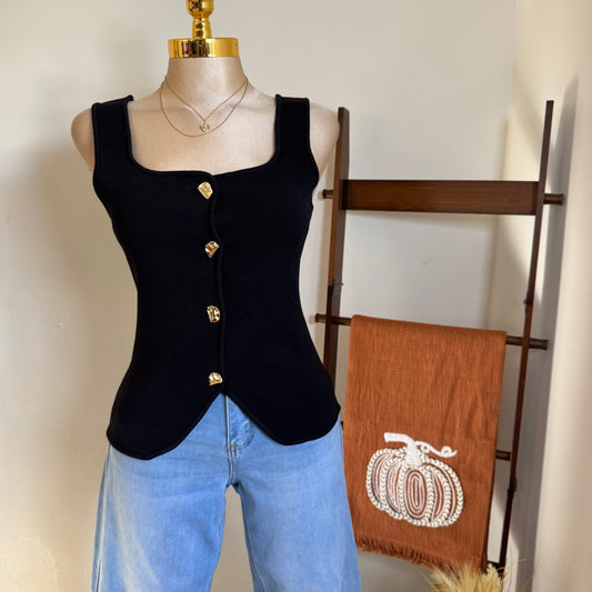 Tank Knitted Top with gold buttons-Black