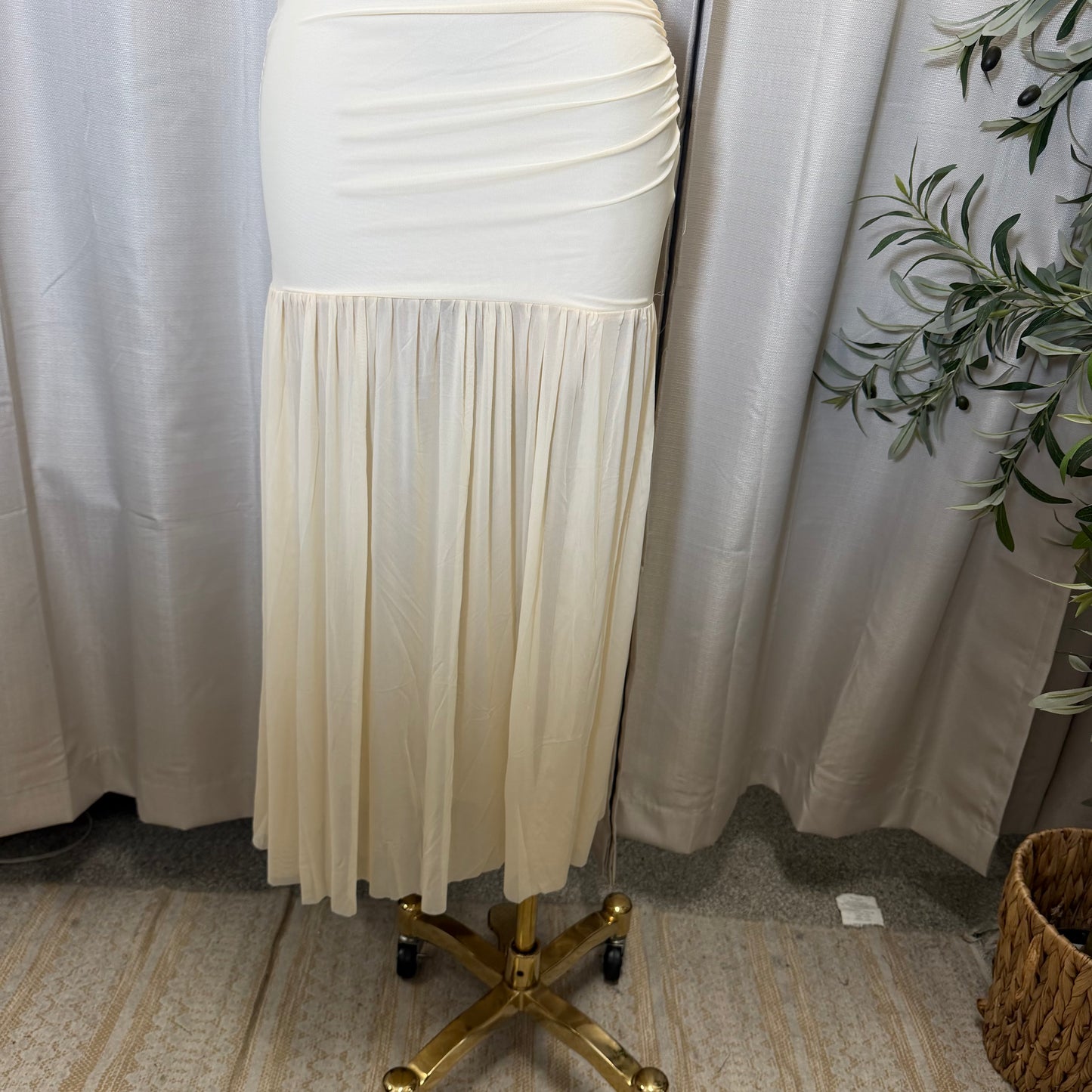 STRAPLESS RUCHED BODICE DROP WAIST MAXI DRESS-Cream