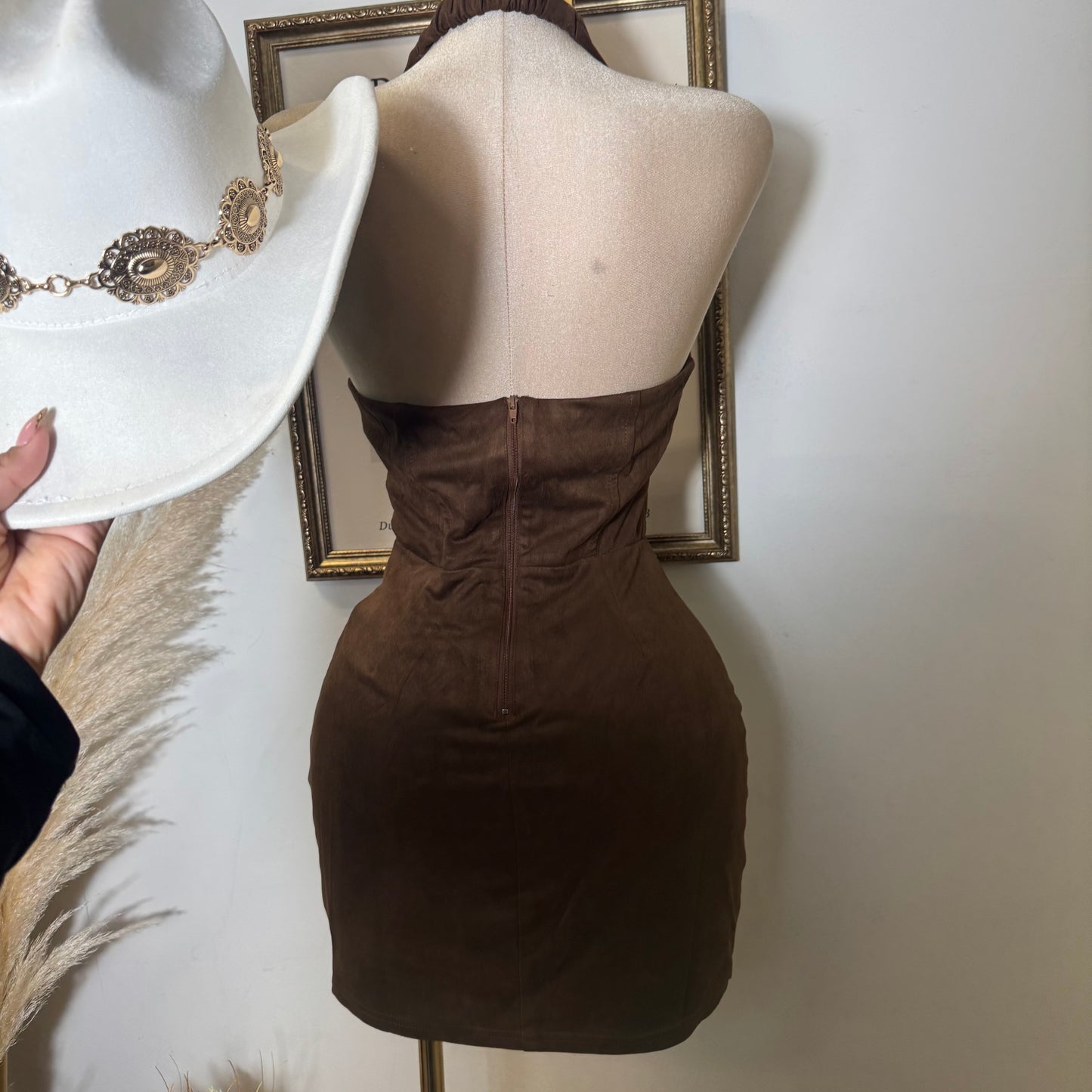 Western Suede Halter Dress-Brown