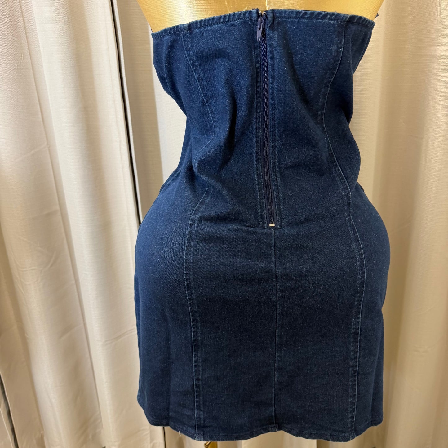 PL-Denim lace up Strapless Denim Dress -Blue