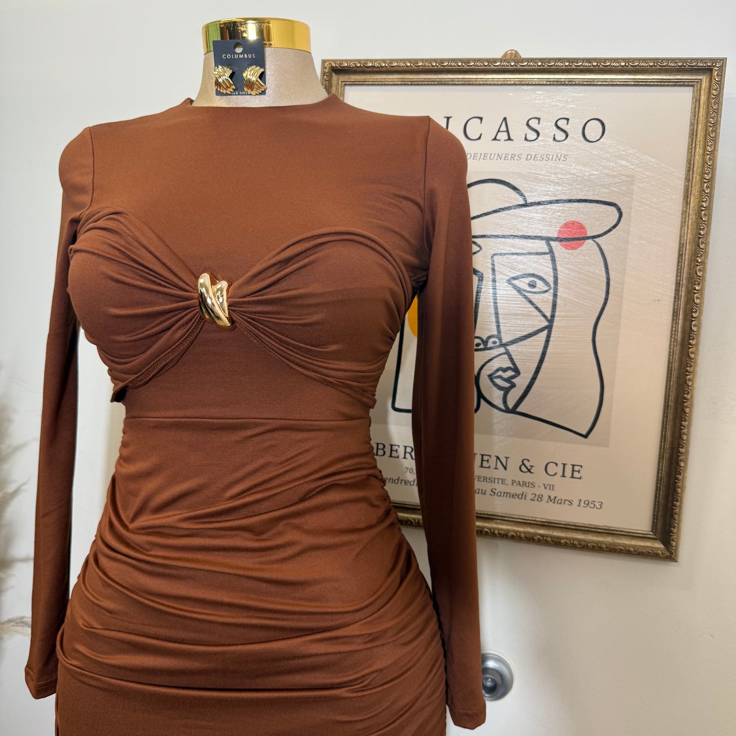 Long Sleeve Double Layered Midi Dress-Mocha