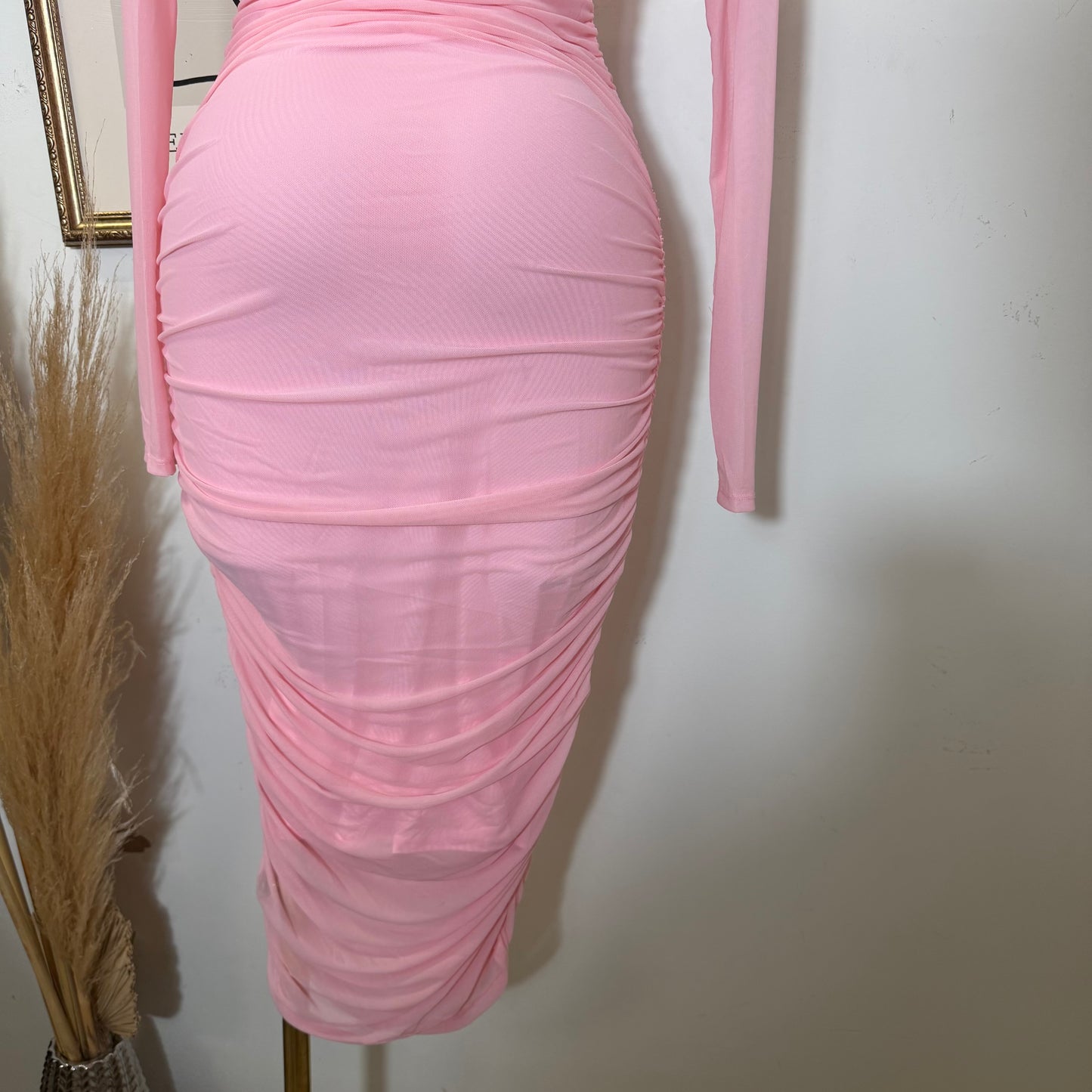 Solid Mesh Mock Neck Midi Long Sleeve Dress-Baby Pink