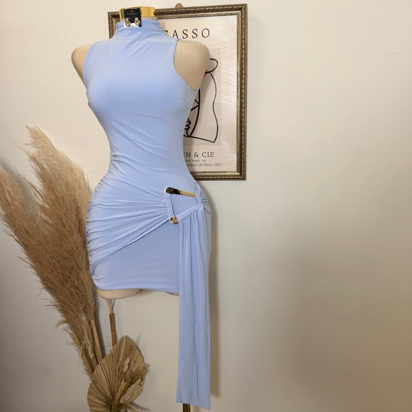 Mock Neck Front Sash With Trim Detail Mini Dress- Baby Blue