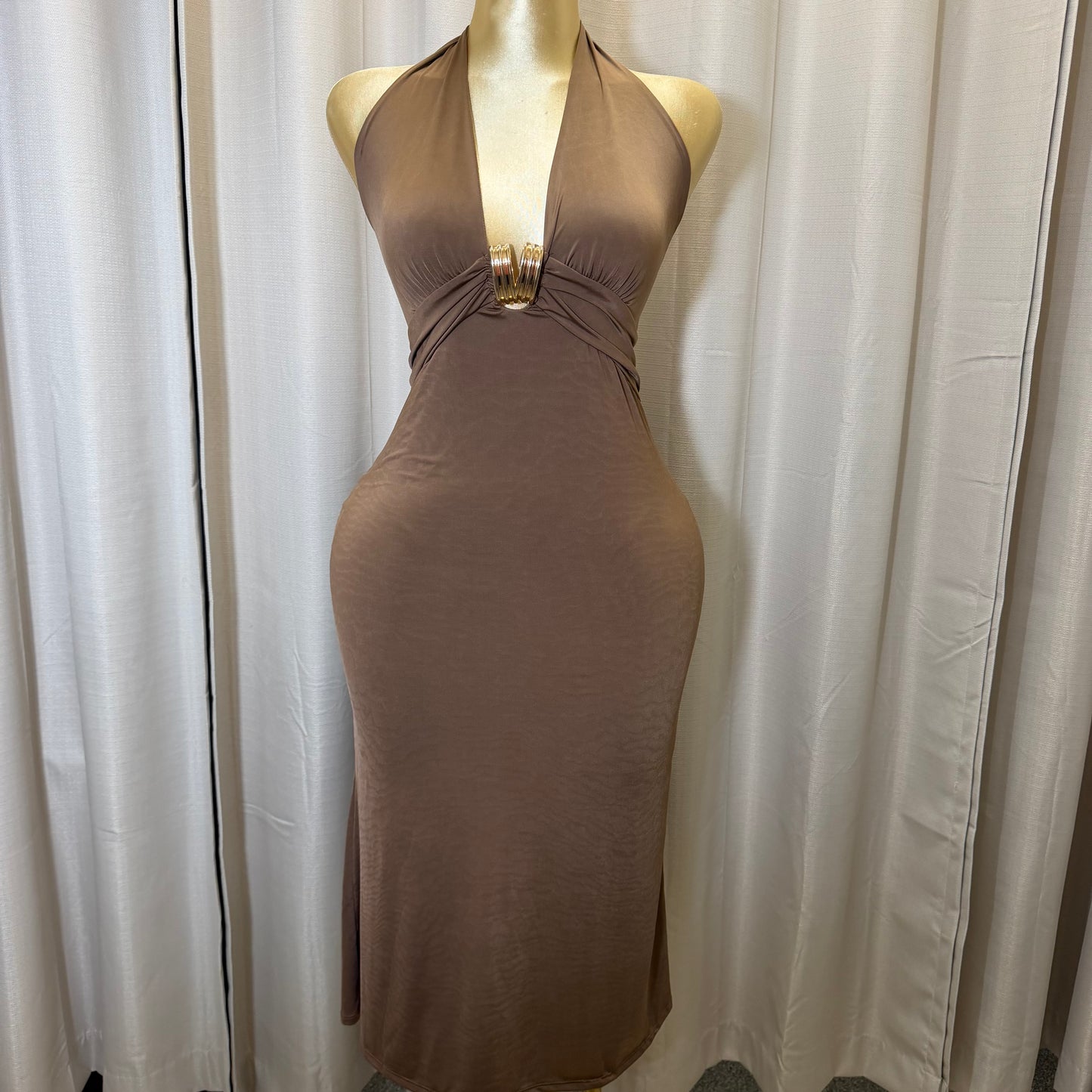 PL-Halter Midi Dress-Brown