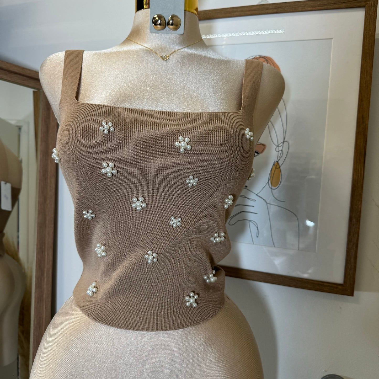 3D Flower Knit Tank Top-Taupe