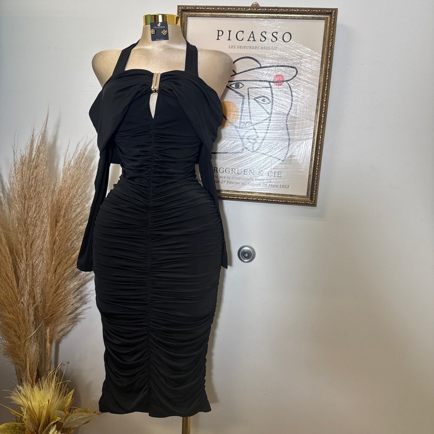 Off shoulder Long Sleeve Halter Midi Dress-Black