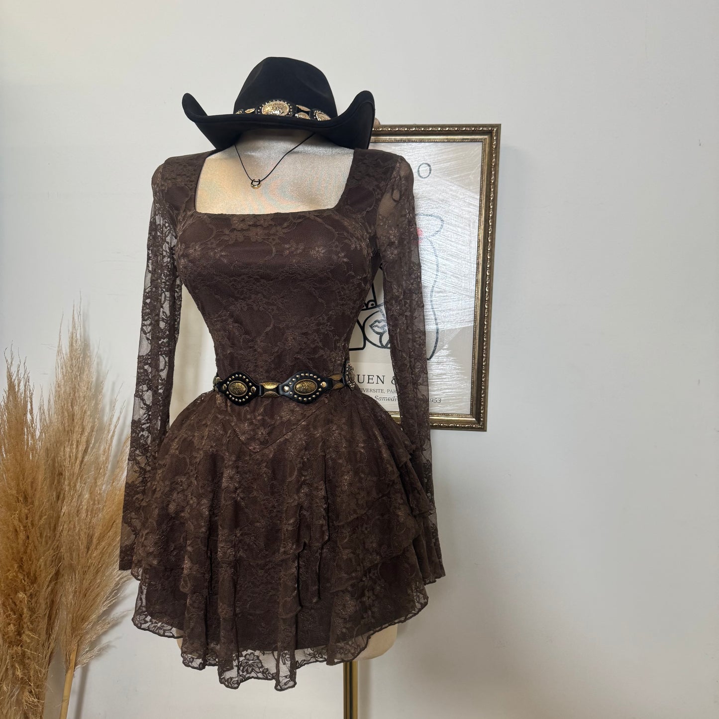 Lace Long Sleeve Ruffle Layered Mini Dress-Brown