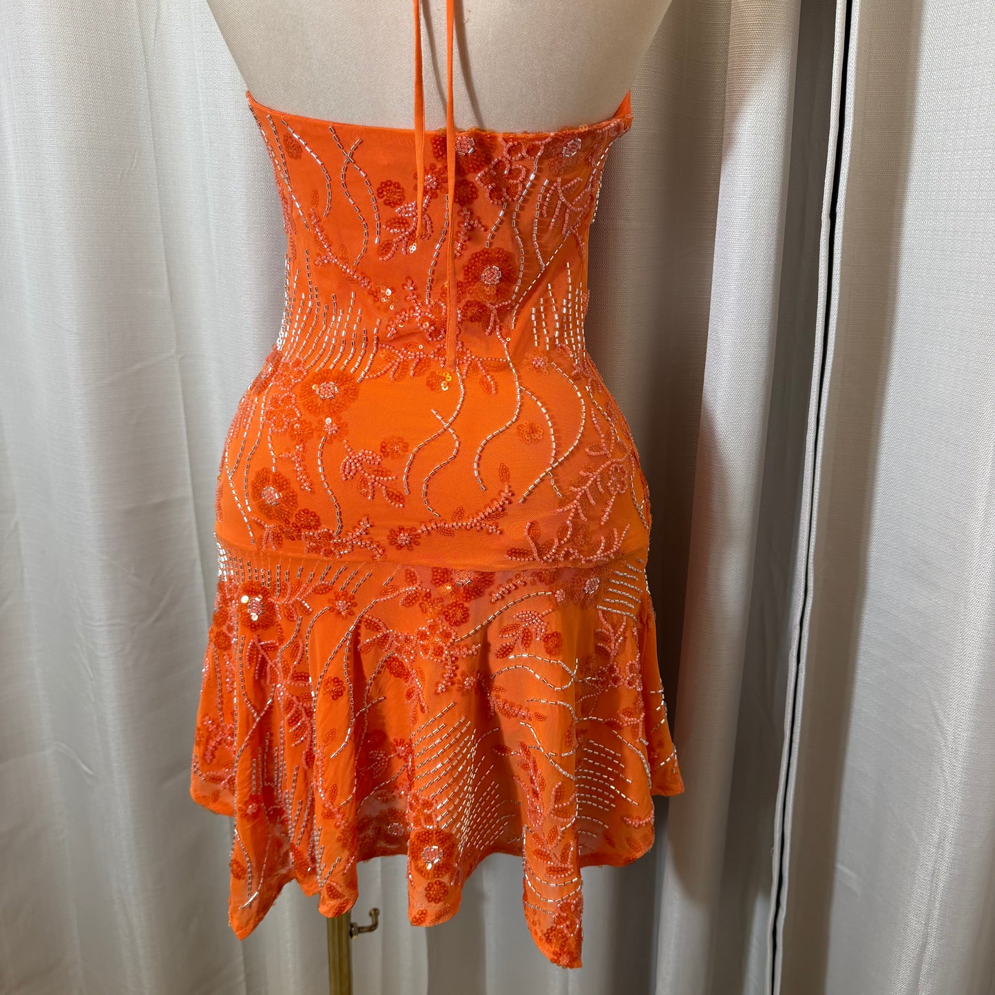 Halter Sequin Floral beaded Dress-Orange