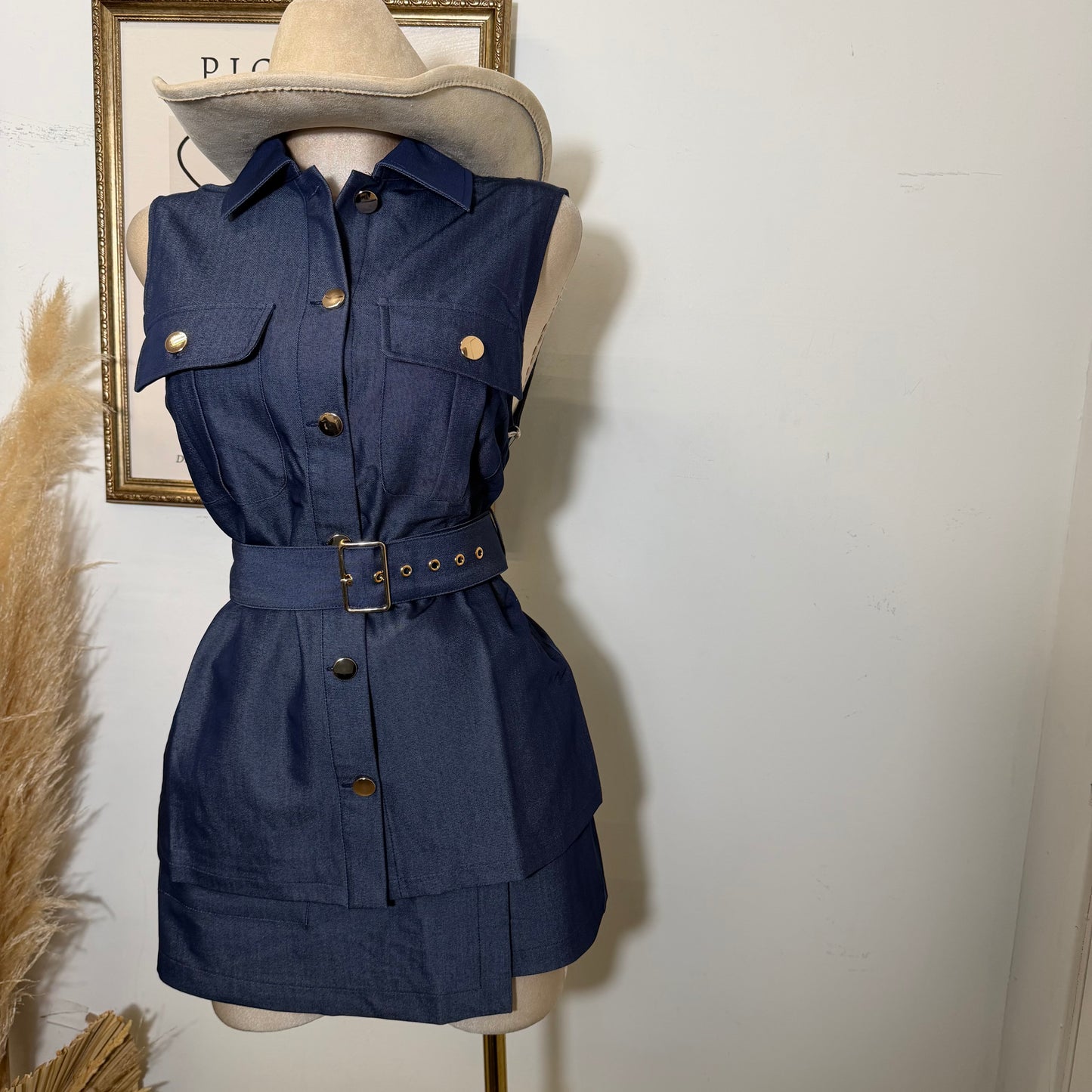 Denim Gold Buckle Belted Pocket Vest Skort Set-Dk Denim