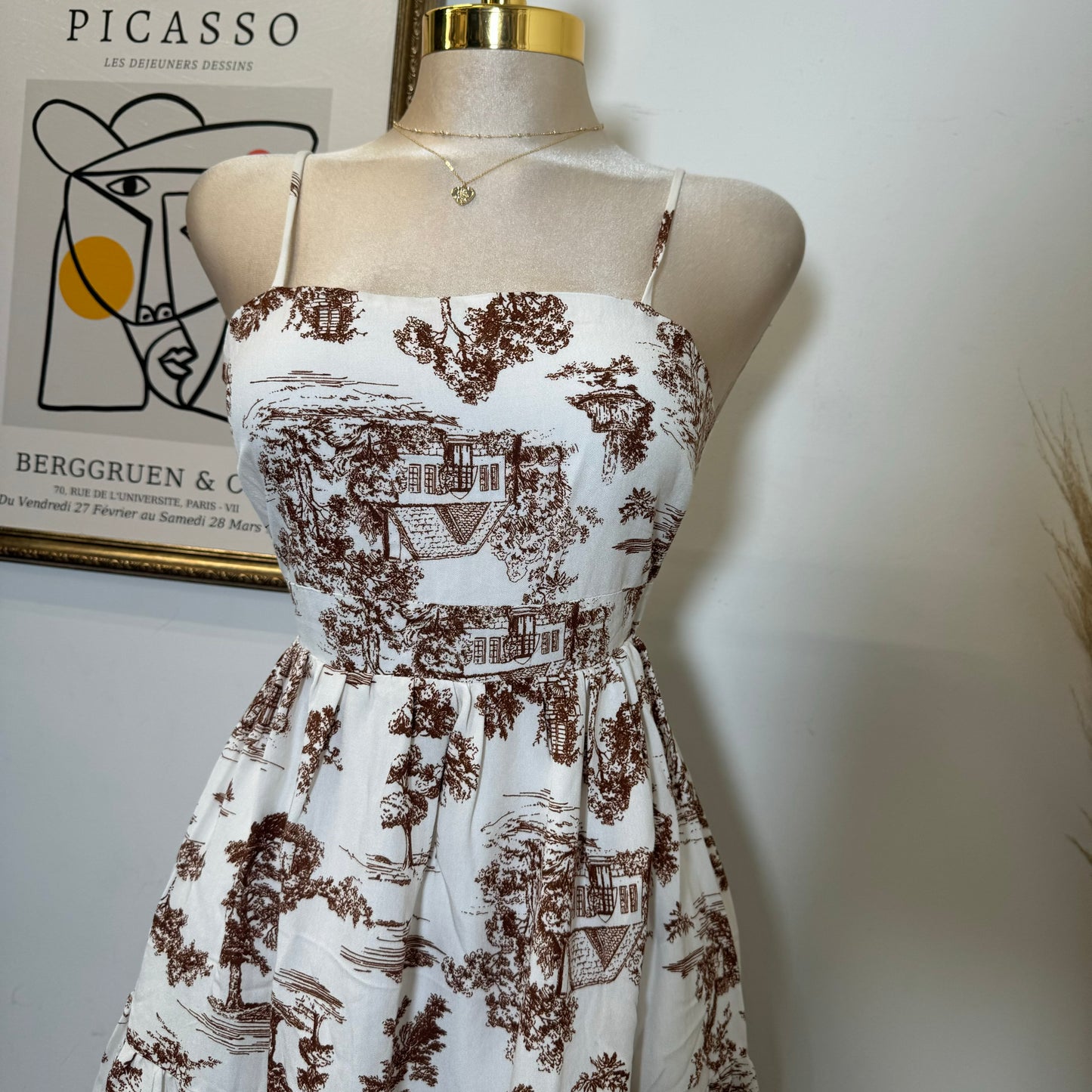 Summer Dress Open Back-White/Brown