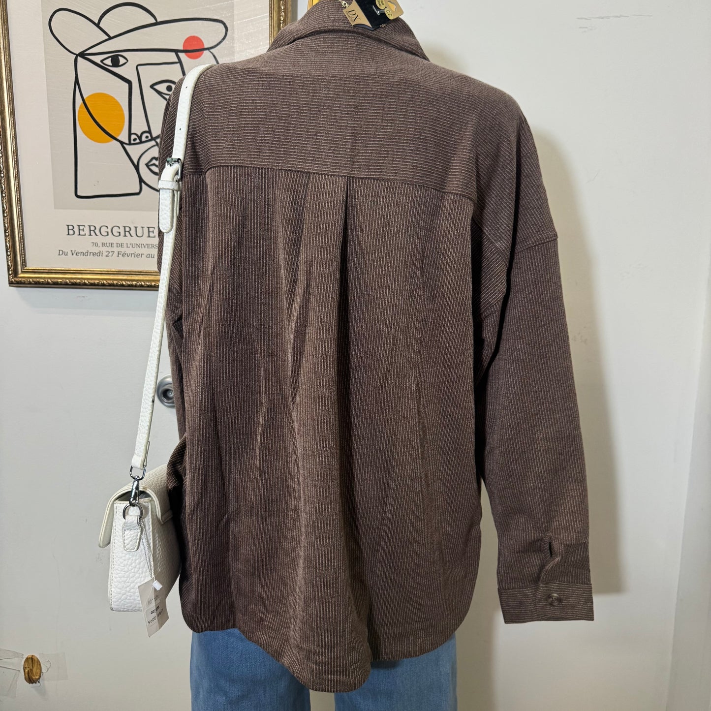 Oversized Pinstripe Collared Button Down Shacket-brown