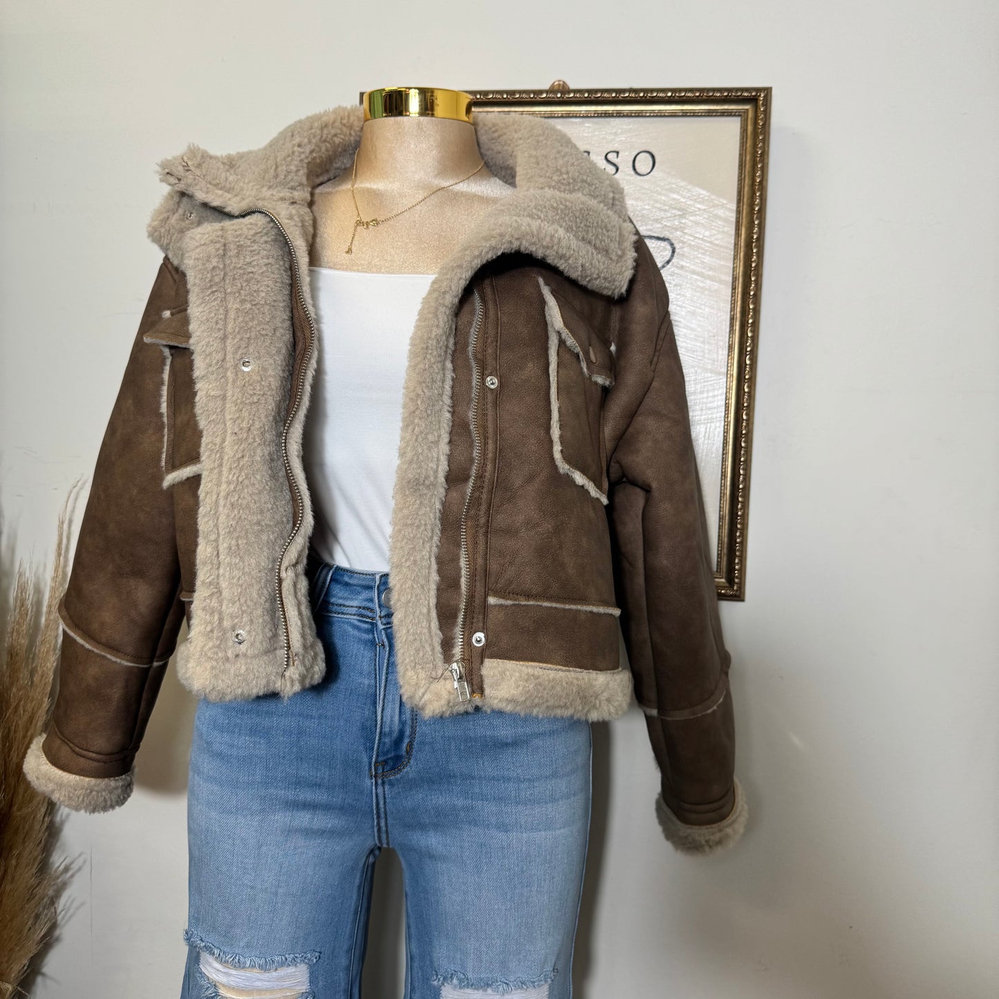 Long Sleeve Pocket Detail Faux Leather Inner Fur Jacket-Brown