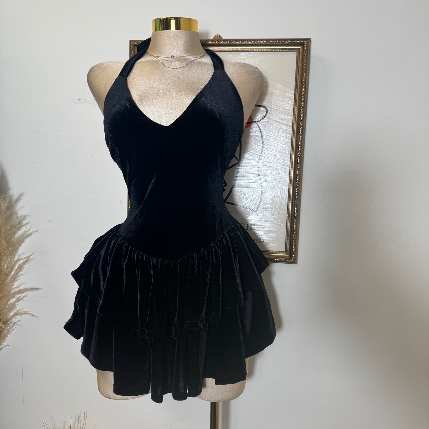 Velvet Halter Double Layer Fit and Flare Dress-Black