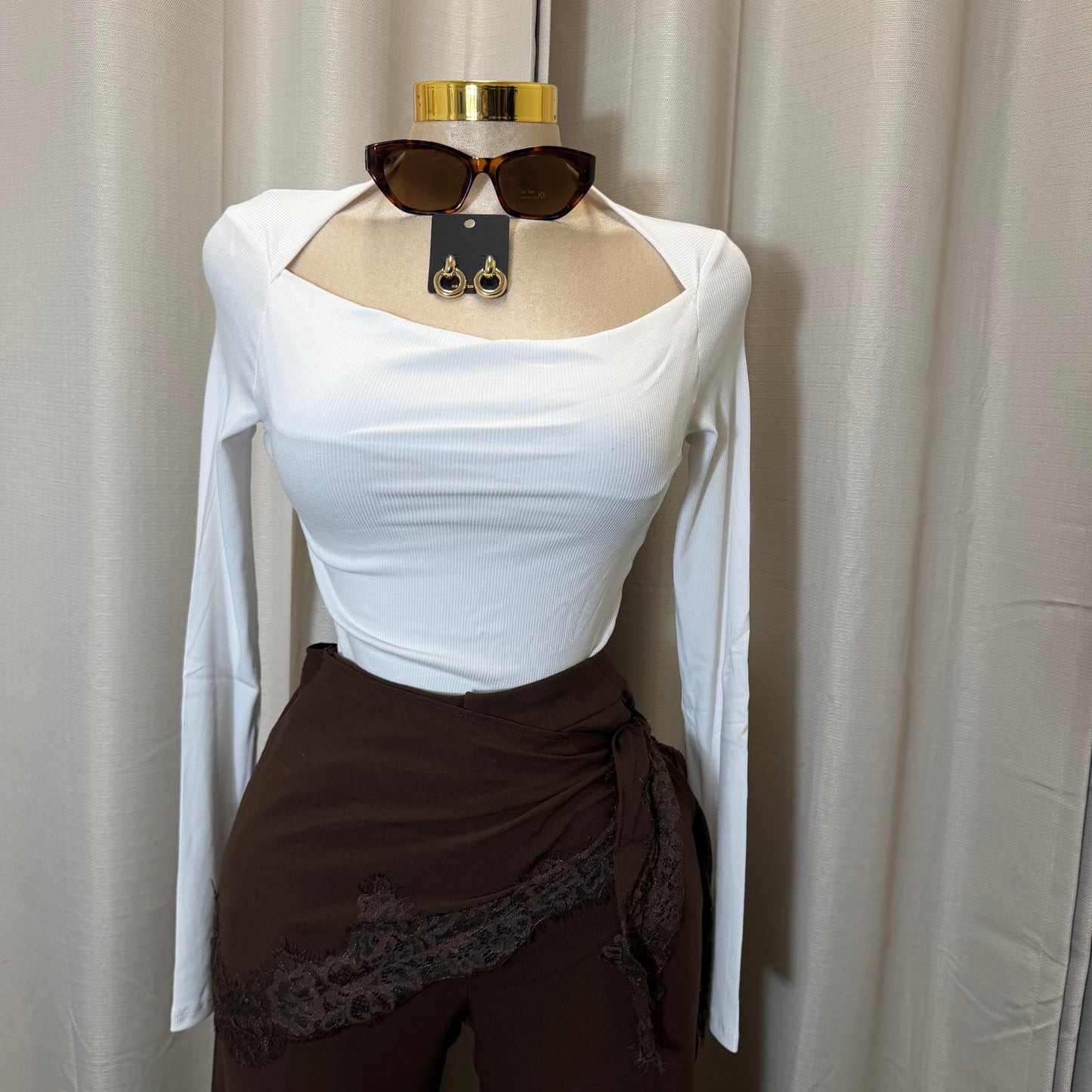 Long sleeve square neck Top-white