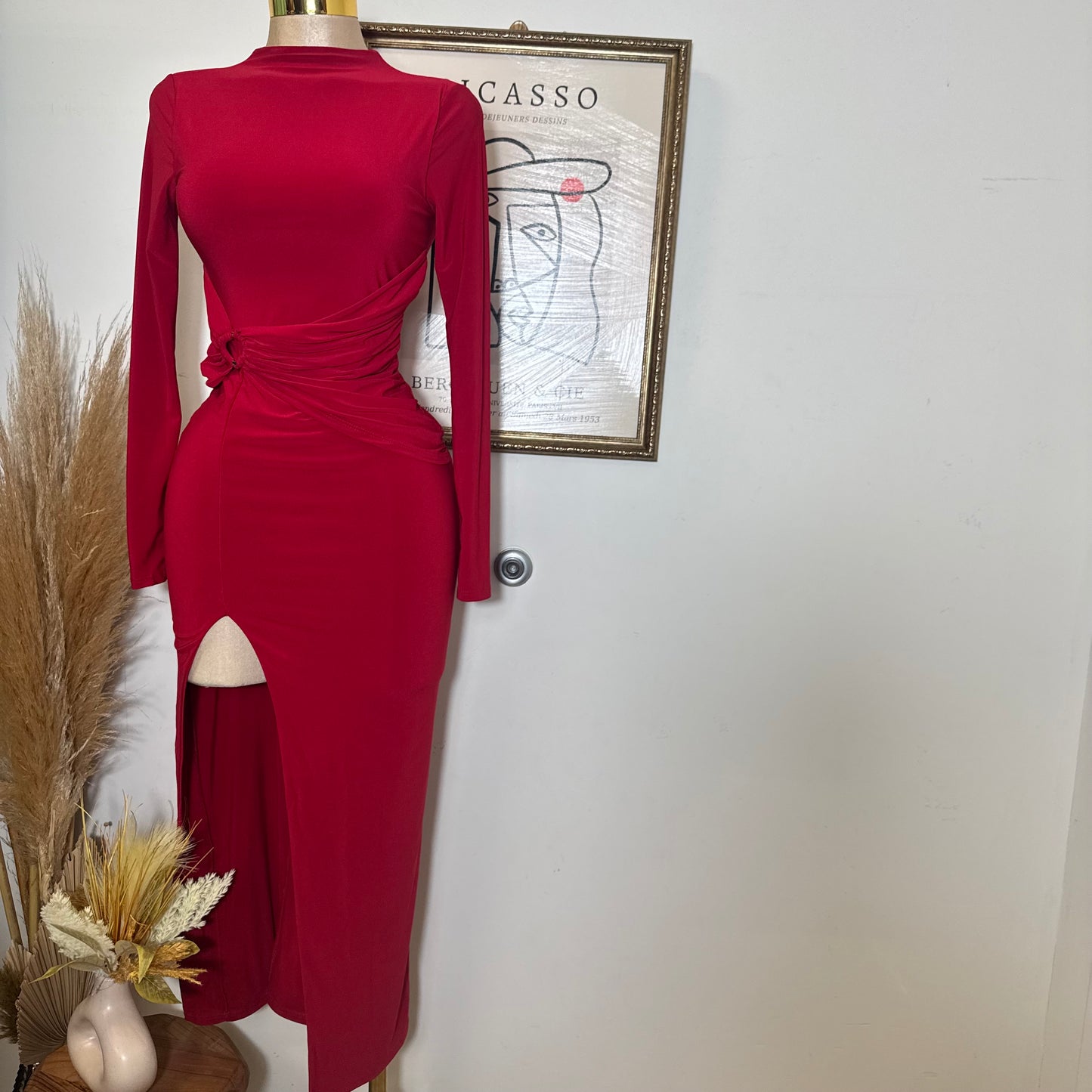 Long Sleeve Open Slit Dress-Red