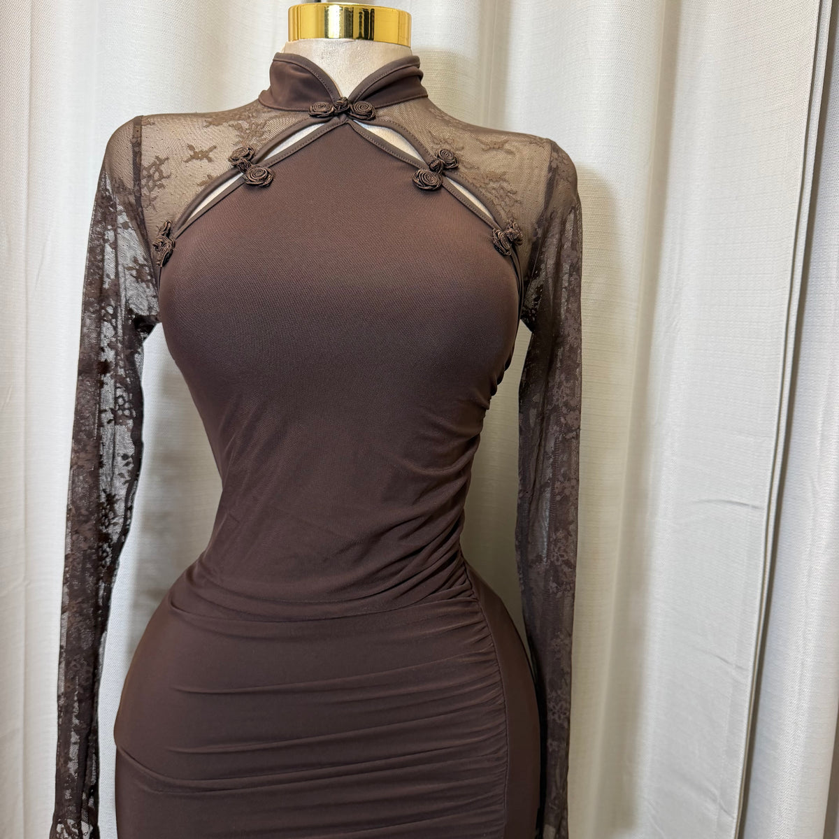 Korean Lace Long Sleeve Midi Dress-Chocolate