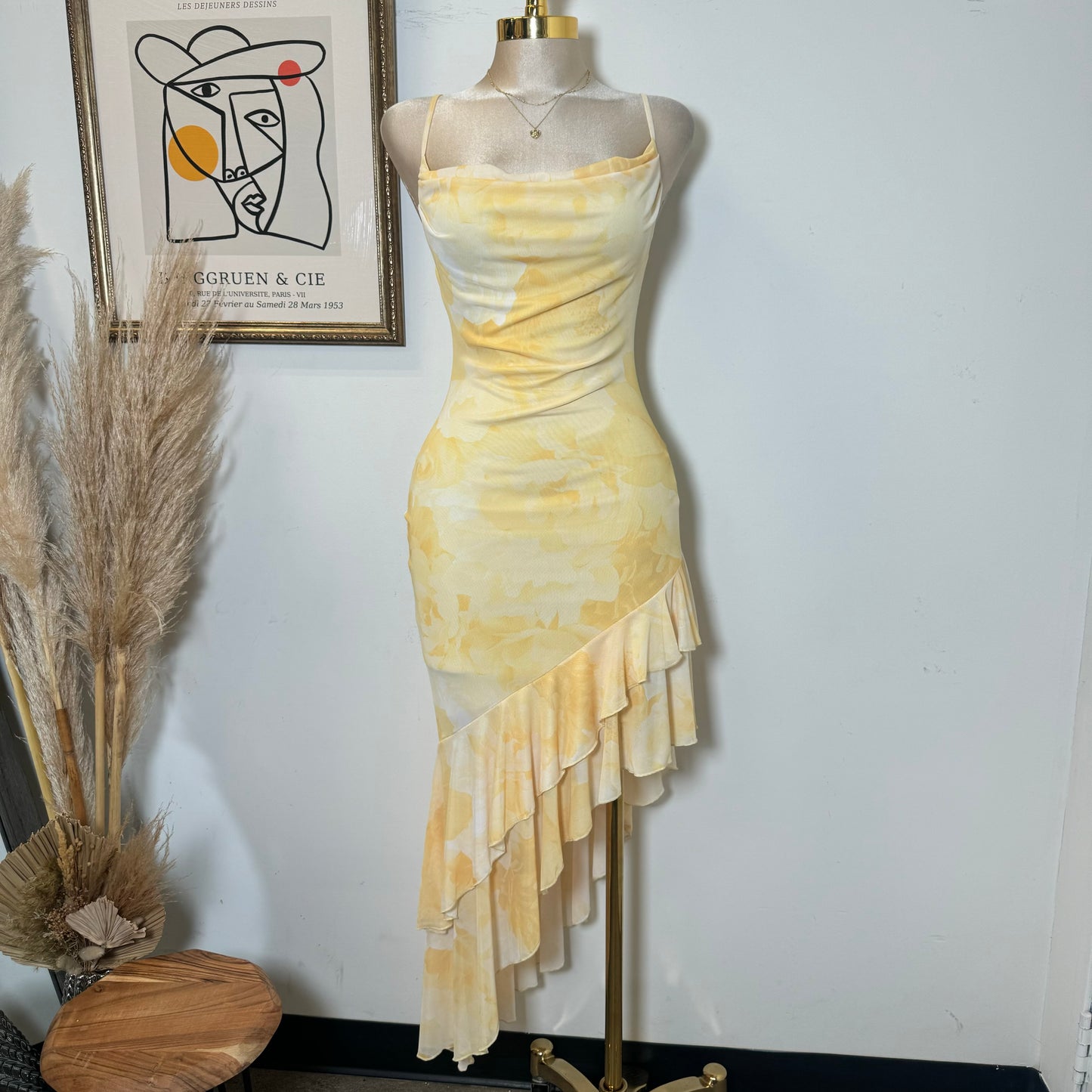 Solecito Open Slit Dress-Yellow