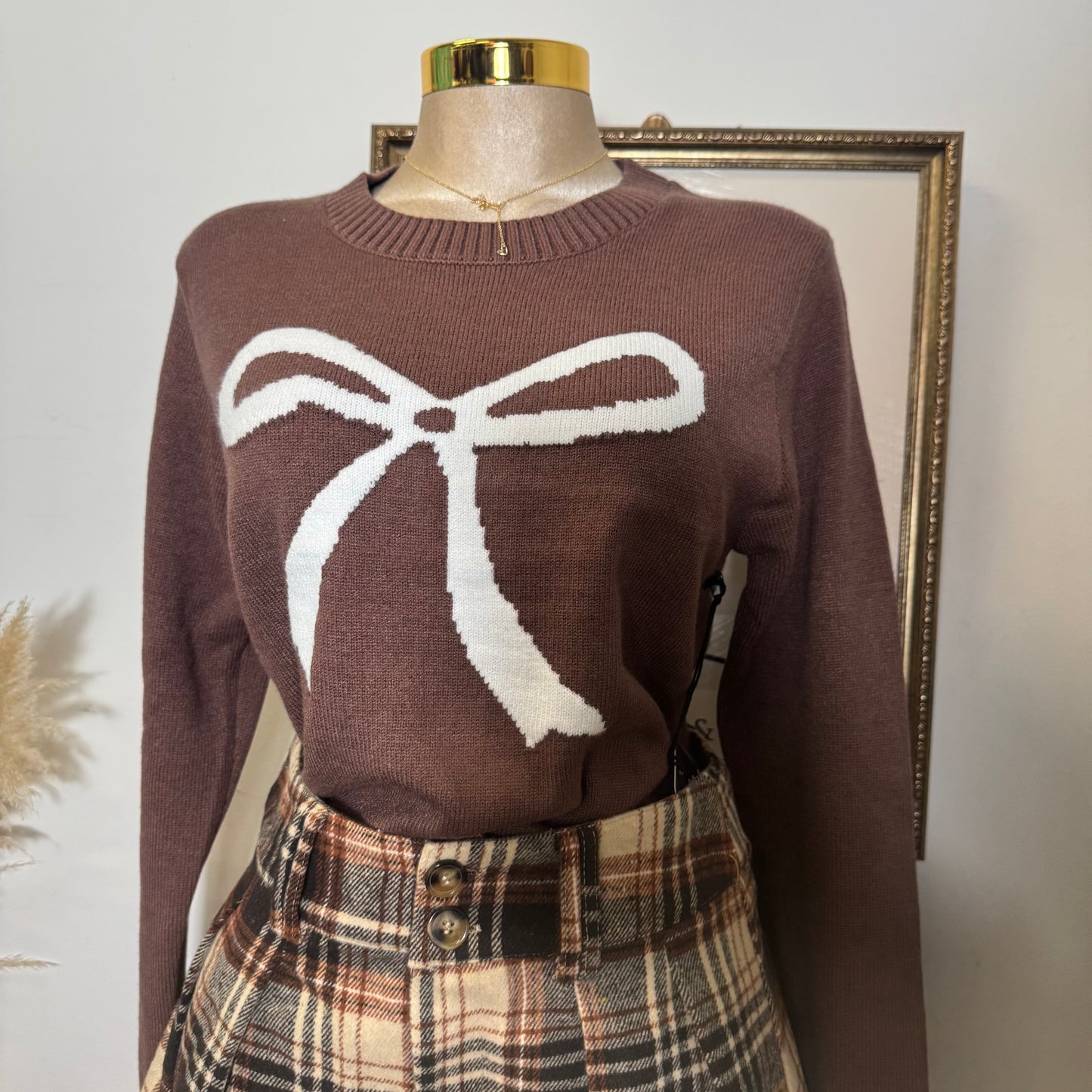 Ribbon Crew Neck Sweater Top-Chocolate