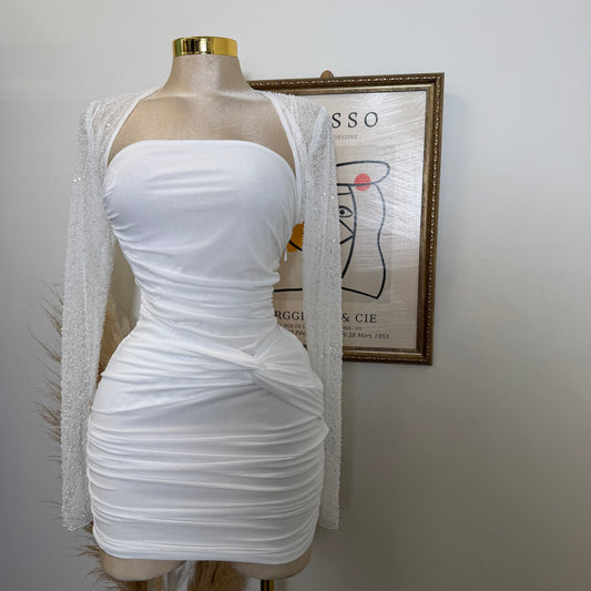 Power Mesh With Beads Bolero-White