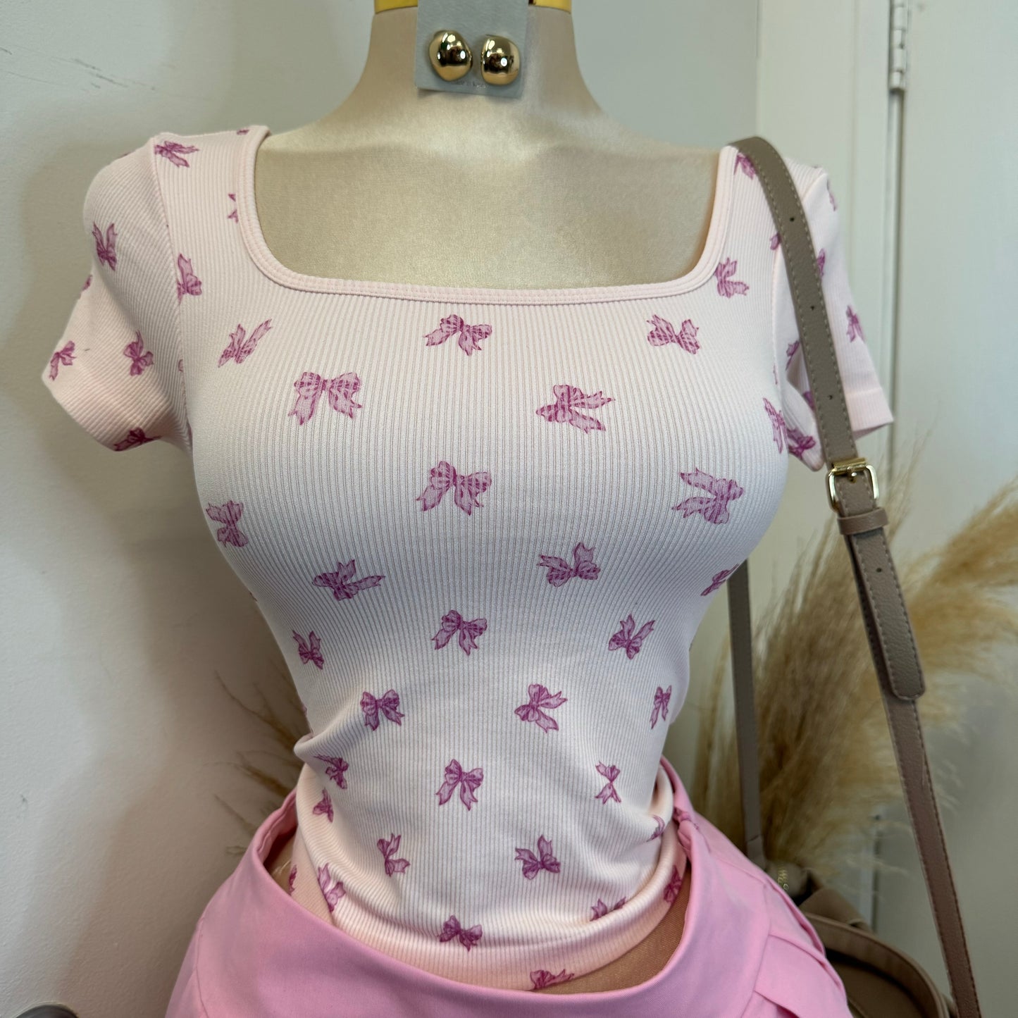Bow Square Basic Top-Pink
