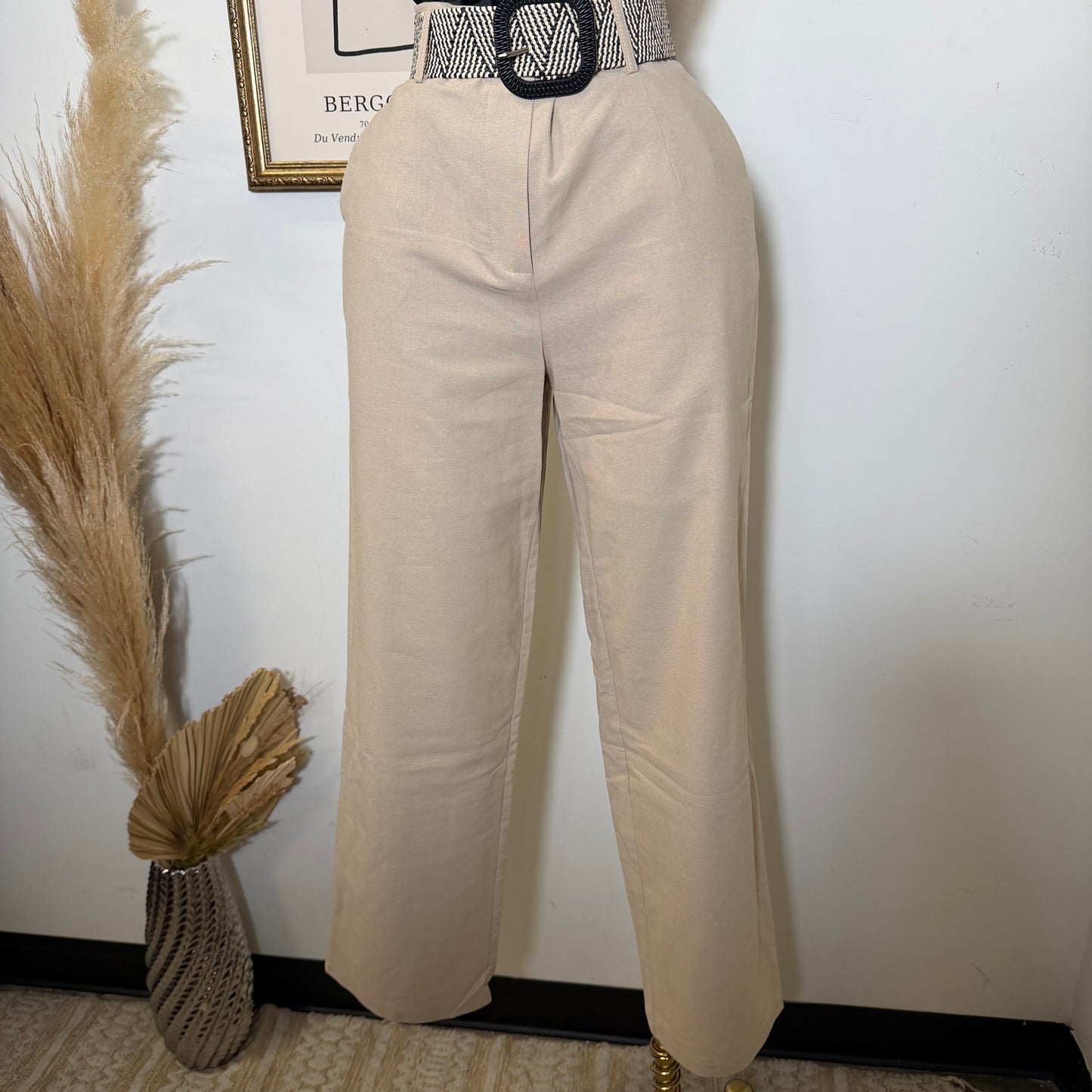 Linen Tribal Pattern Belt Wide Leg Pants-Khaki