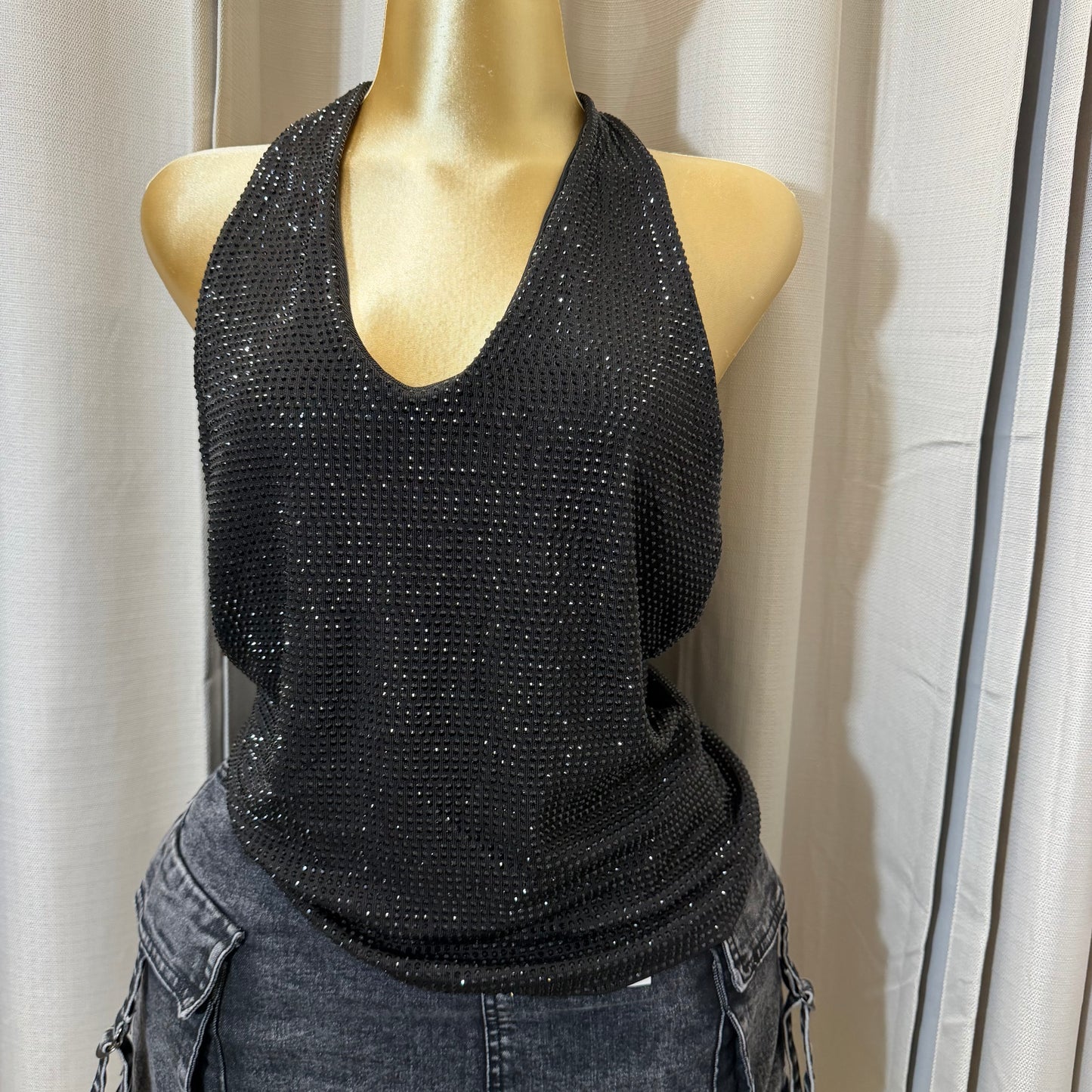 PL-Rhinestone Halter Top-black