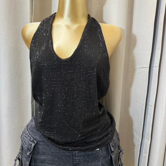 PL-Rhinestone Halter Top-black