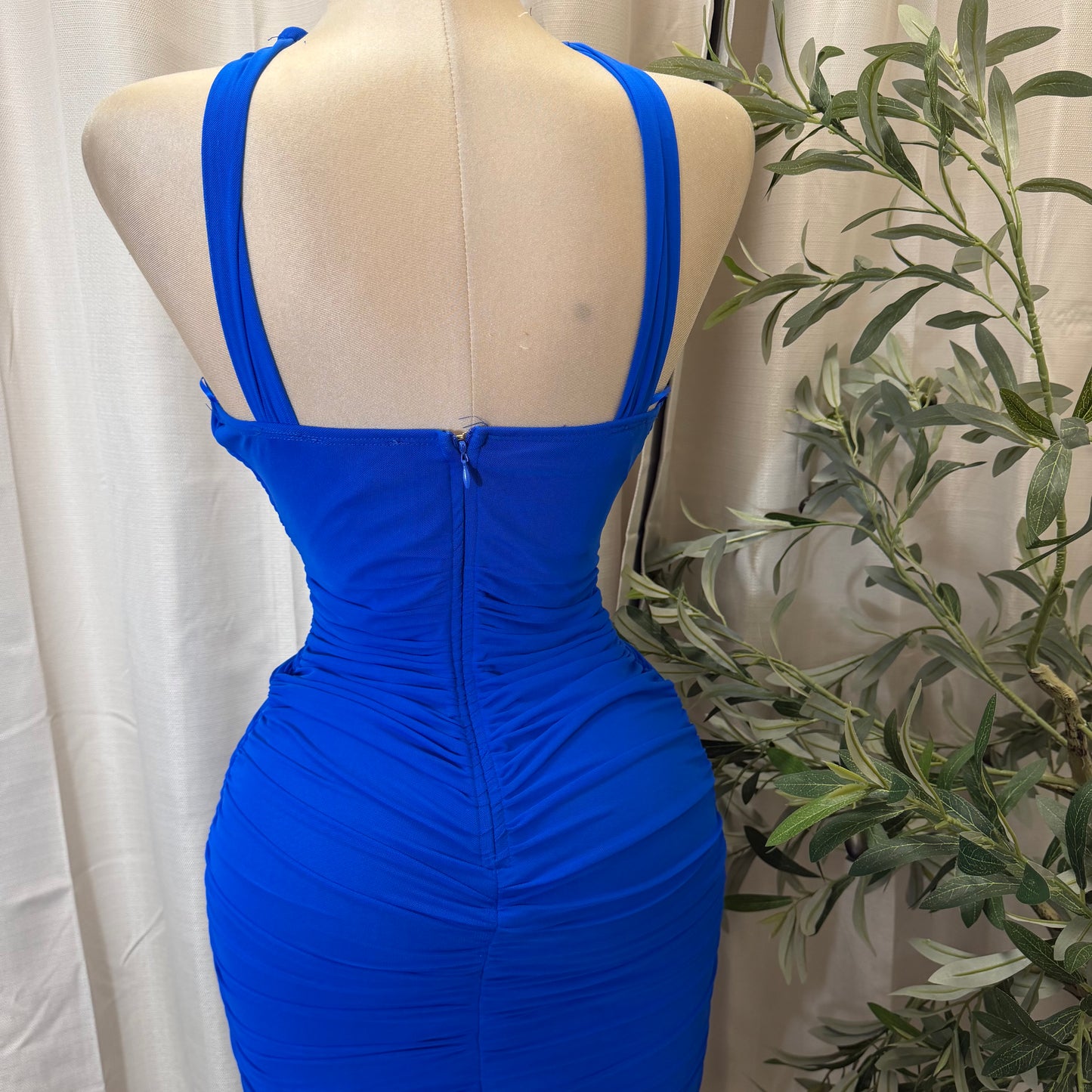 Halter Neck Trim Inset Ruched Bodycon Midi Dress-Royal Blue