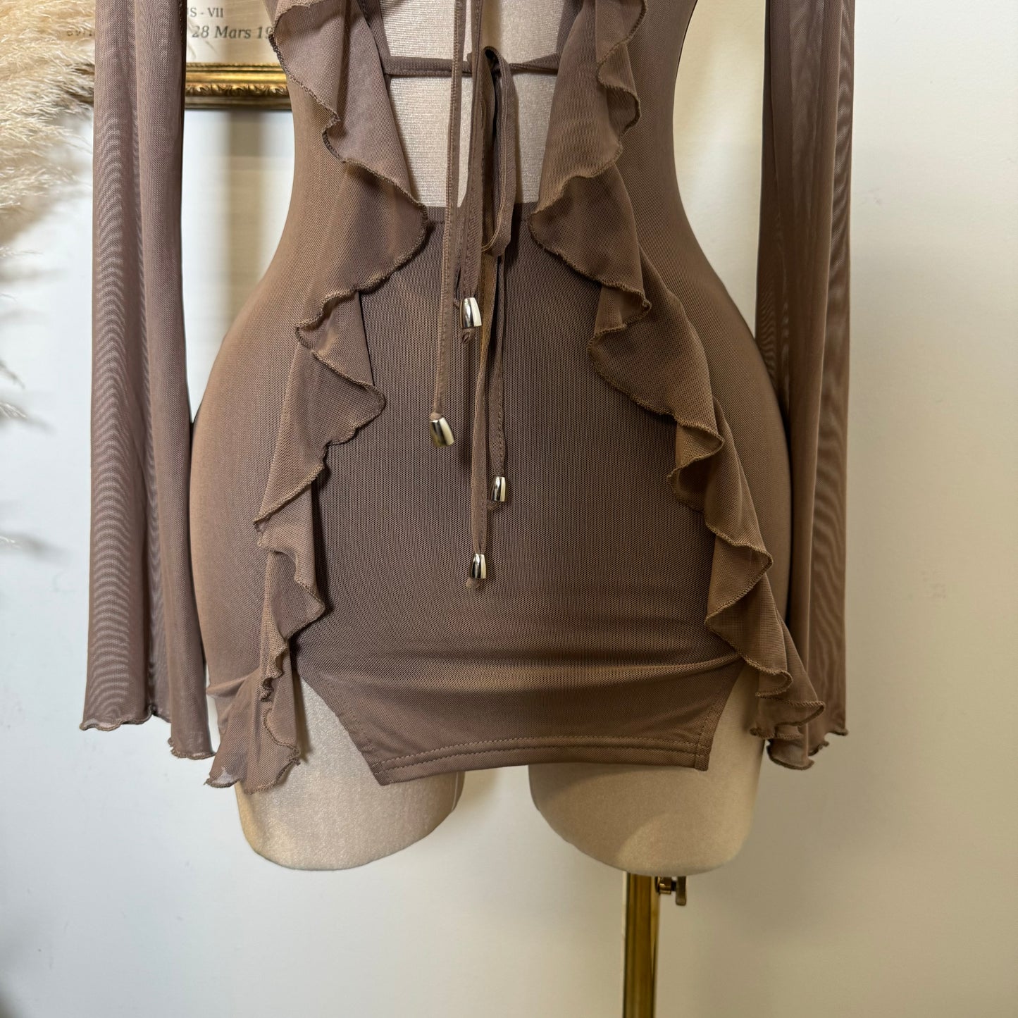Sexy self tie Mini Dress-Brown