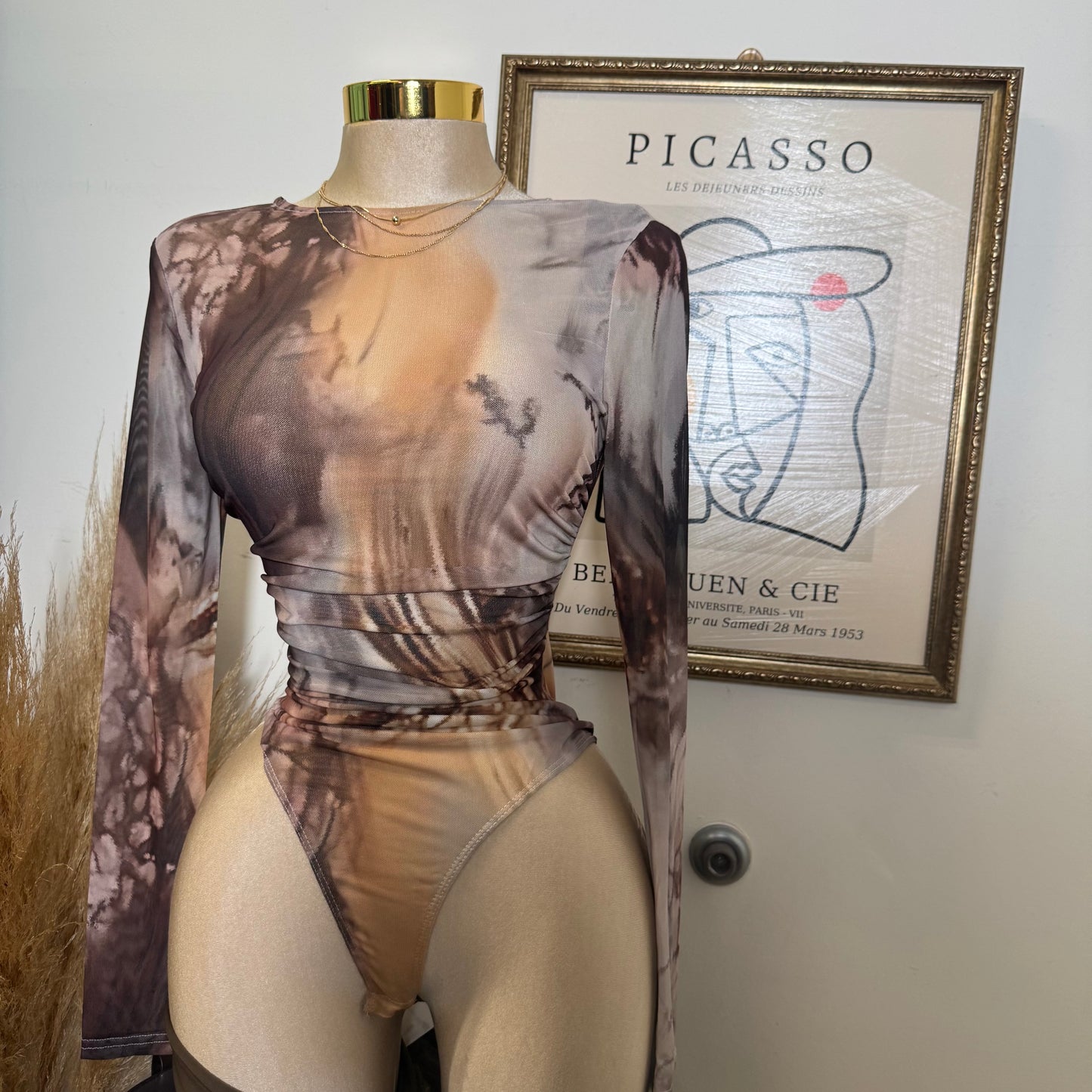 Round Neck Long sleeve Sleeve Bodysuit-Brown Multi