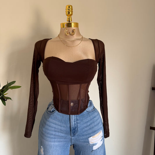 Mesh Long Sleeve Top-Chocolate