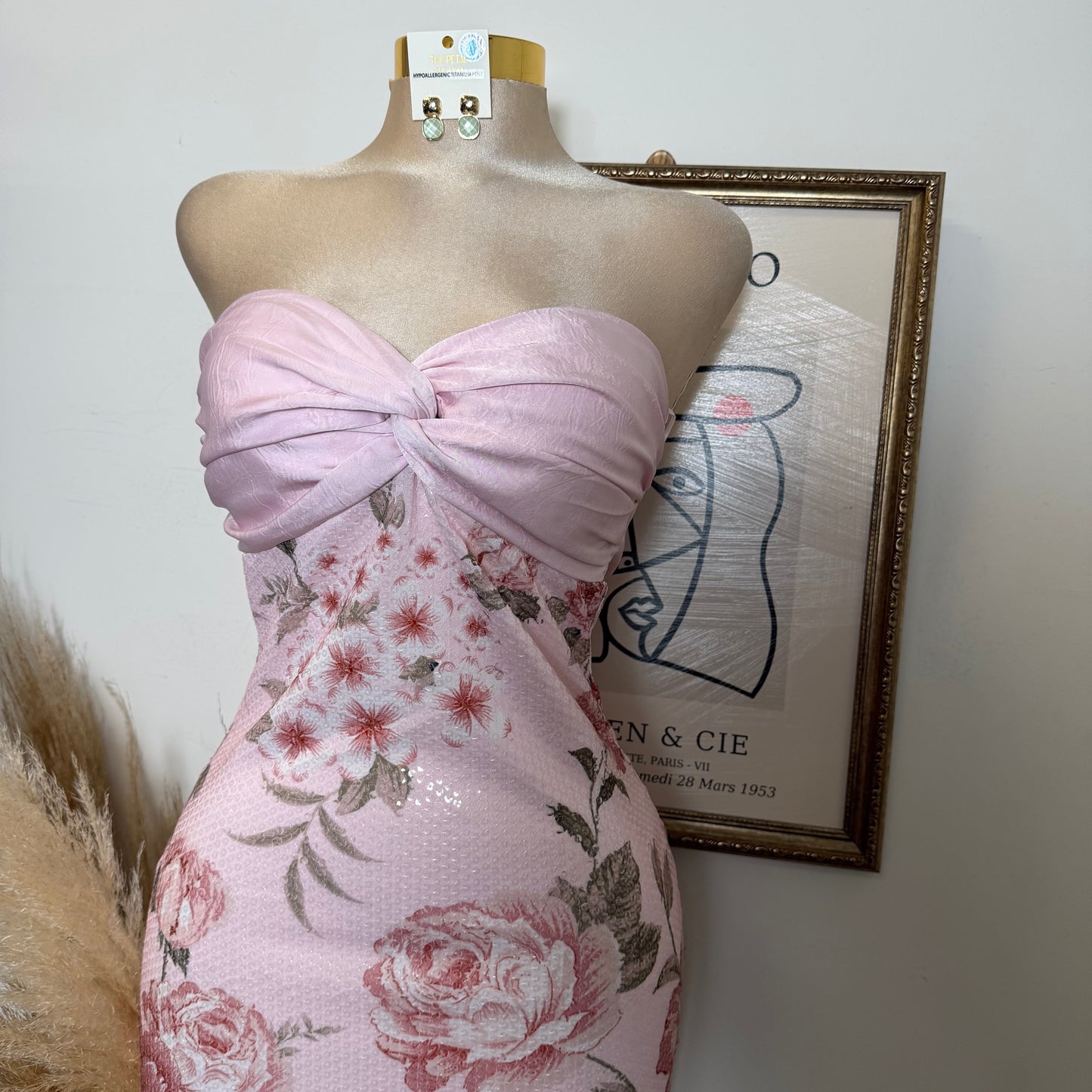 Printed Clear w/ Satin twist bust Midi Dress-Baby Pink