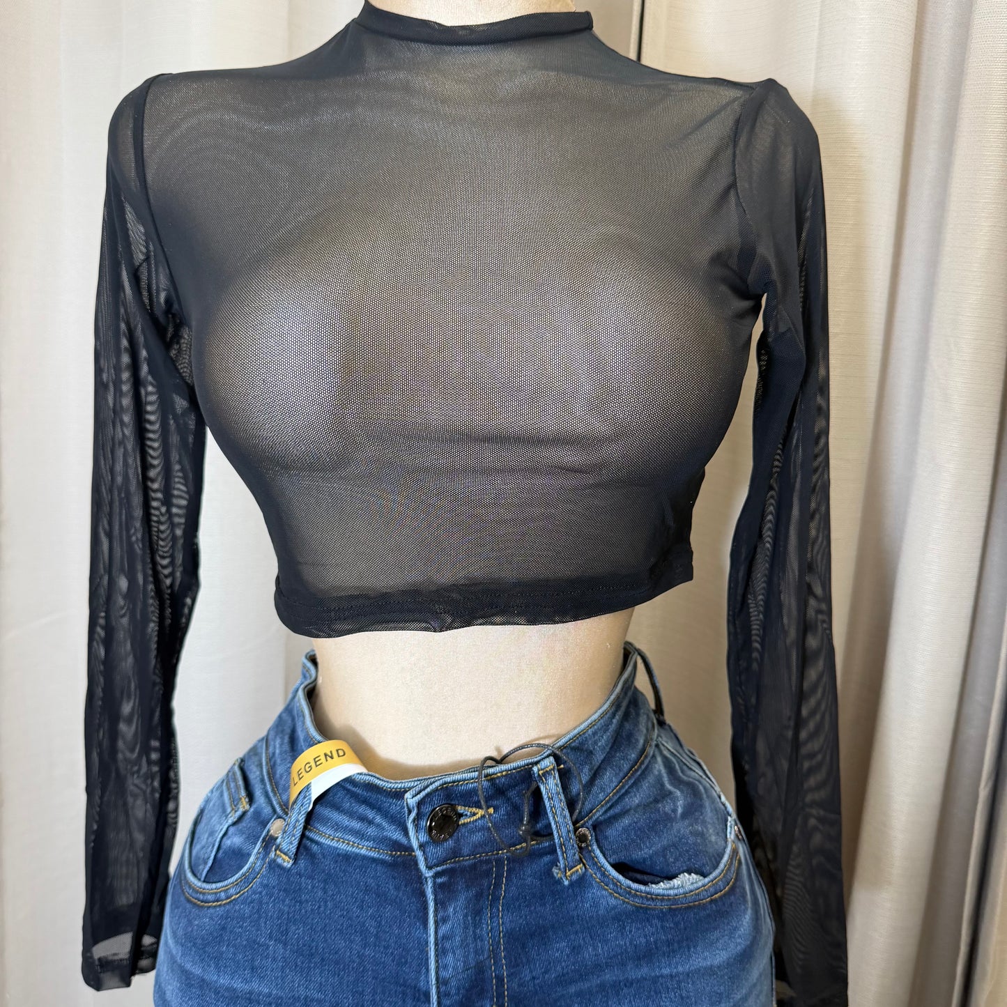 Mesh Long sleeve Crop Top-Black