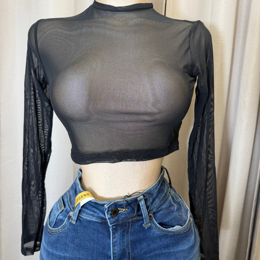 Mesh Long sleeve Crop Top-Black