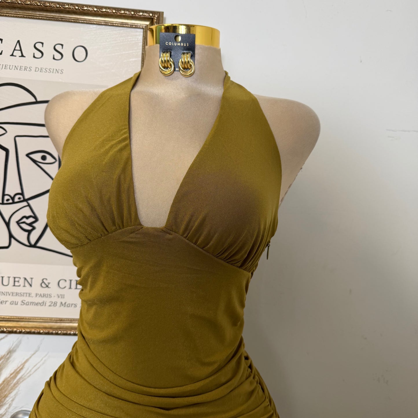 Halter Neck Ruched Waist Asymmetrical Hem Mini Dress-Marigold