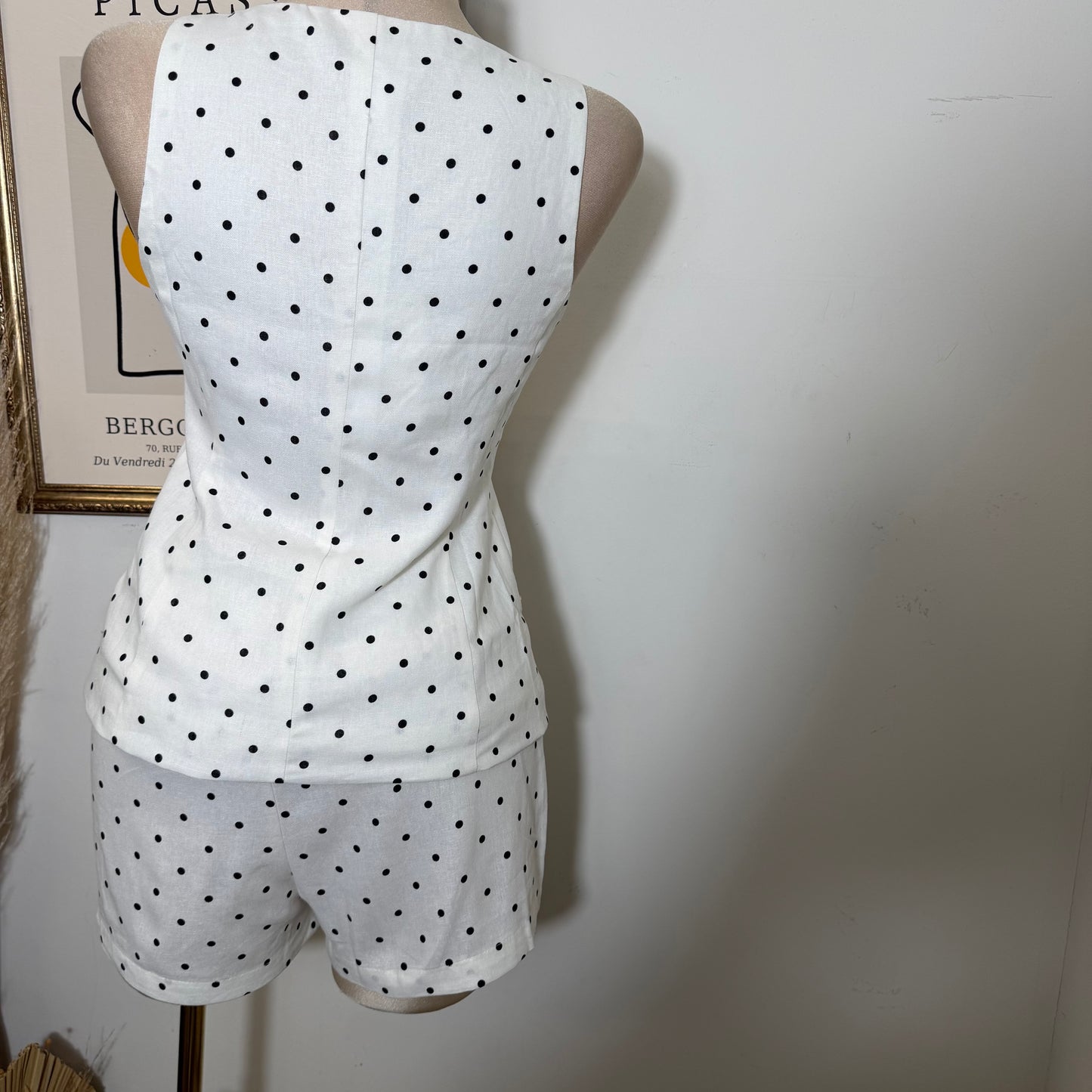 Polka Dot Linen Top w/ Gold Buttons shorts set-White